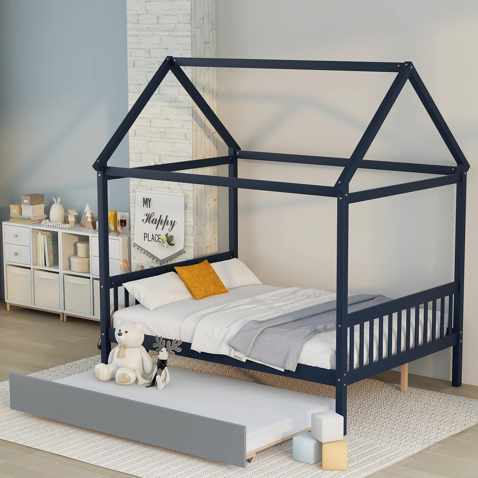 Full Size House Bed with Twin Trundle - Wooden Platform Bed Frame for Kids, Girls & Boys - Blue - Perfect for Bedrooms, Playrooms & Sleepovers