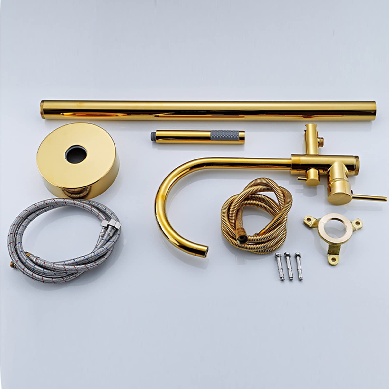 Freestanding Bathtub Faucet with Hand Shower - Brass Floor Standing Tub Filler, Double Handle Hot & Cold Water Mixer Tap, Swivel Spout, Gold Finish - Perfect for Modern Bathroom & Spa Relaxation