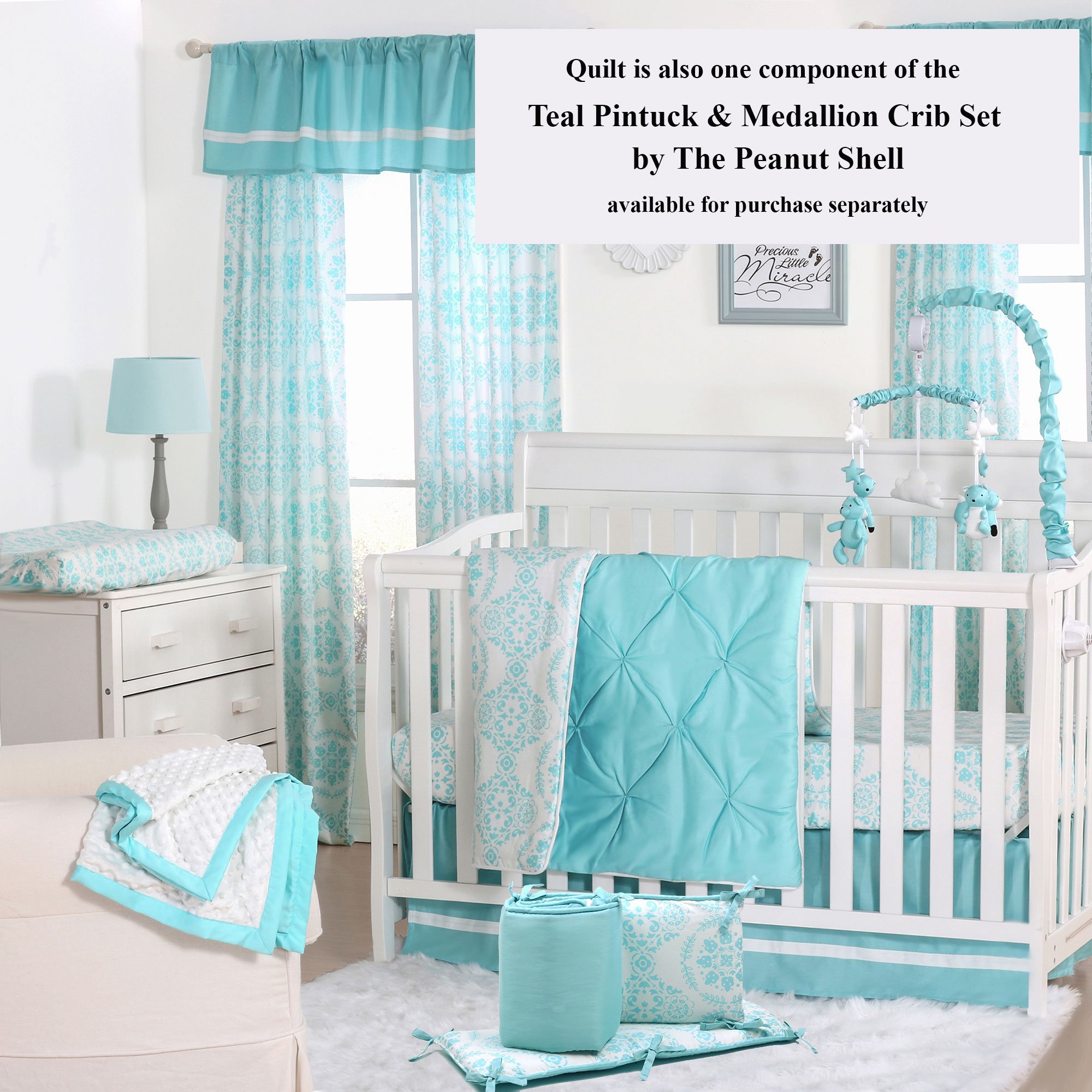 Teal Blue Pintucked & Medallion Baby Crib Quilt - Soft Nursery Bedding Set by The Peanut Shell | Perfect for Newborns, Infants & Toddlers | Ideal for Cribs, Bassinets & Baby Showers