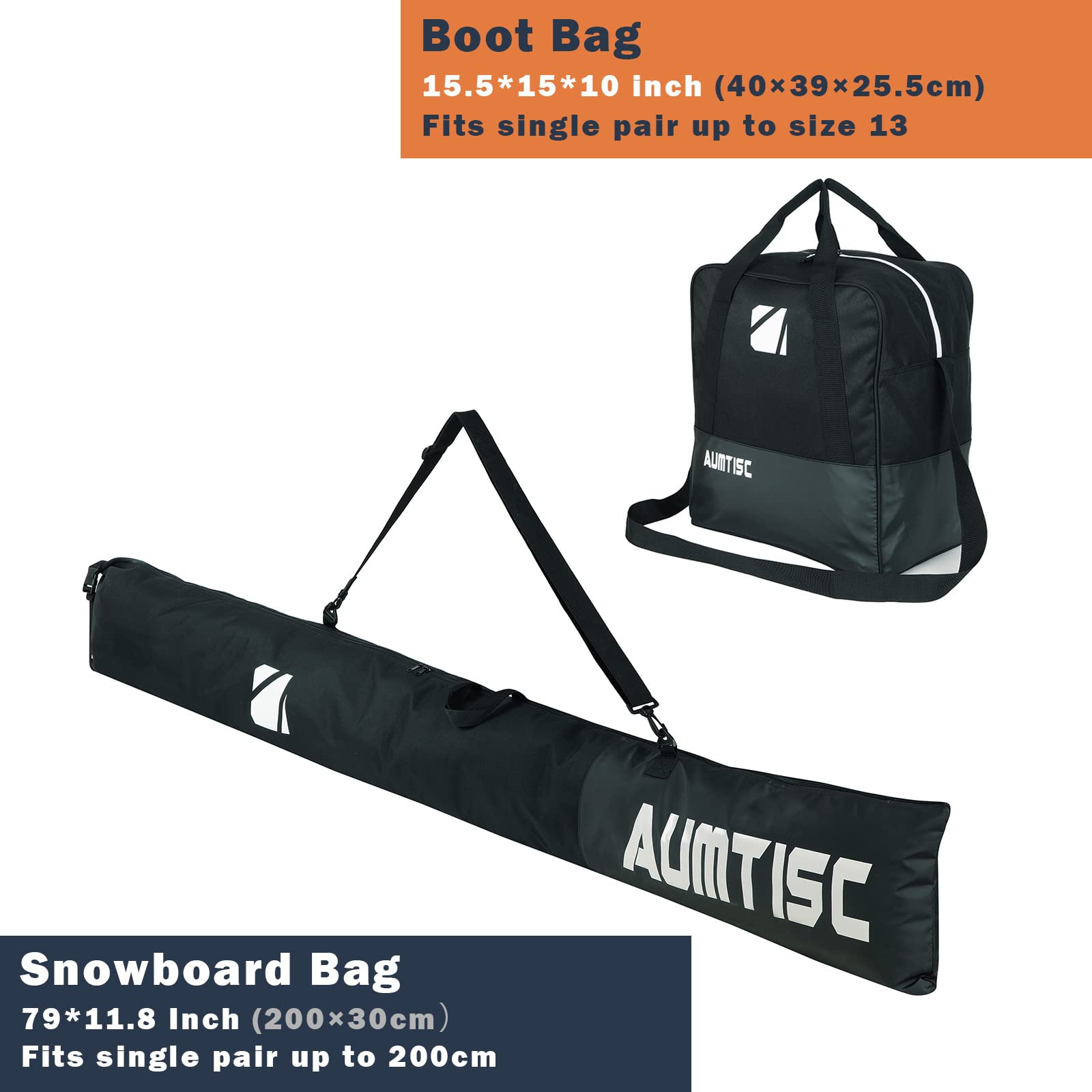 AUMTISC 2-Piece Padded Ski and Boot Bag Combo - Adjustable Length Up to 200cm for 1 Pair of Skis & Boots - Perfect for Air Travel, Mountain Trips & Ski Resort Storage