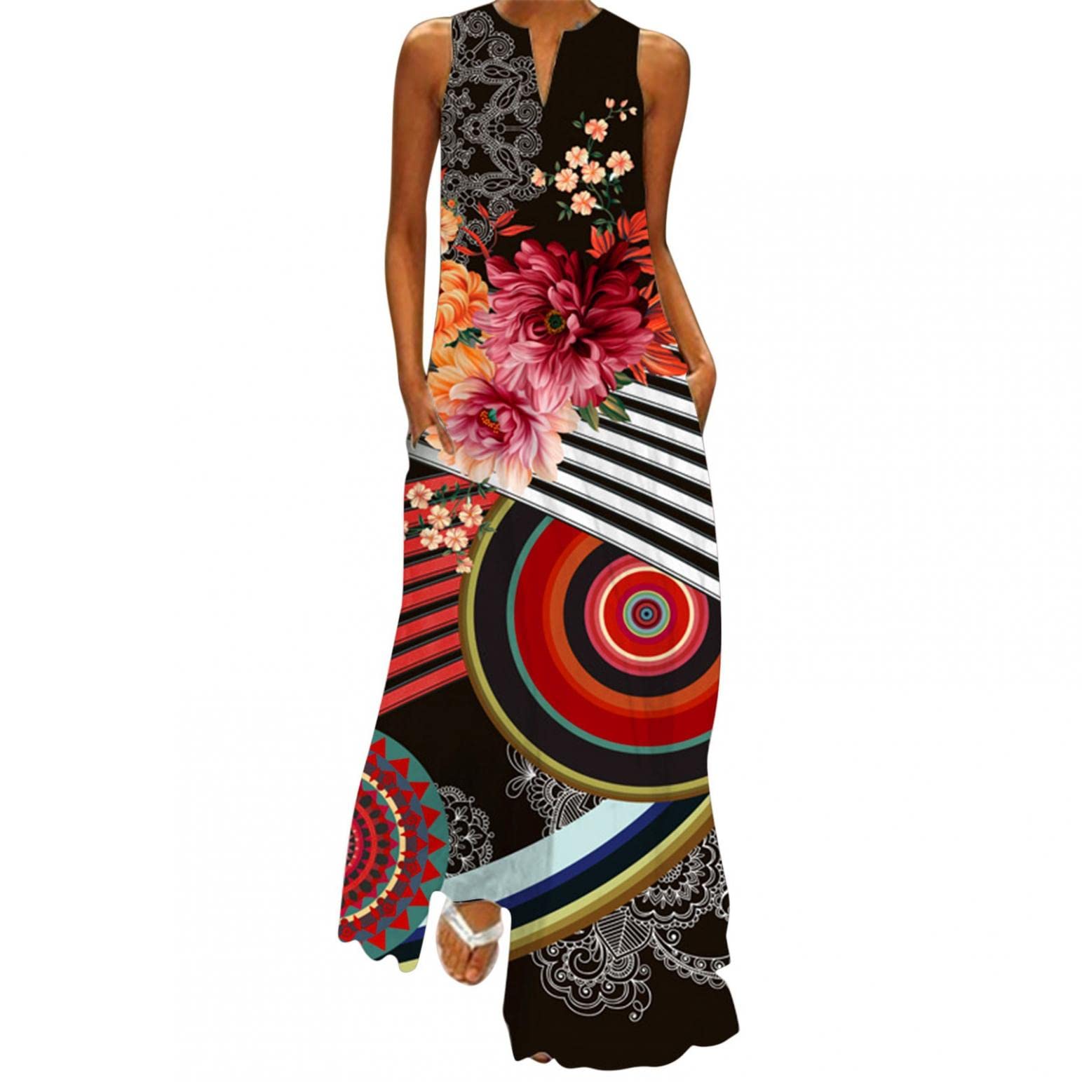 Handyulong Women's Maxi Dresses - Summer Casual Bohemian Printed V-Neck Beach Dress Plus Size Flowy Sundress | Perfect for Vacations, Beach Outings & Summer Parties