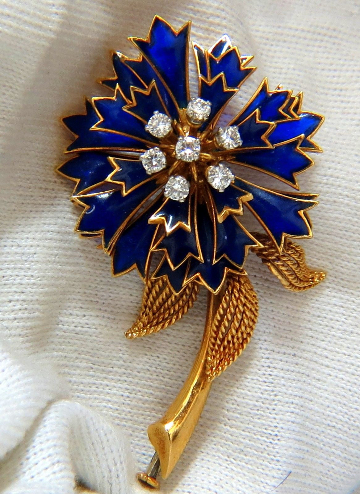 18KT France Floral Blue Diamond Brooch Pin - Vintage Rotary Petal Design Jewelry for Women, Gift for Her, Perfect for Weddings & Special Occasions