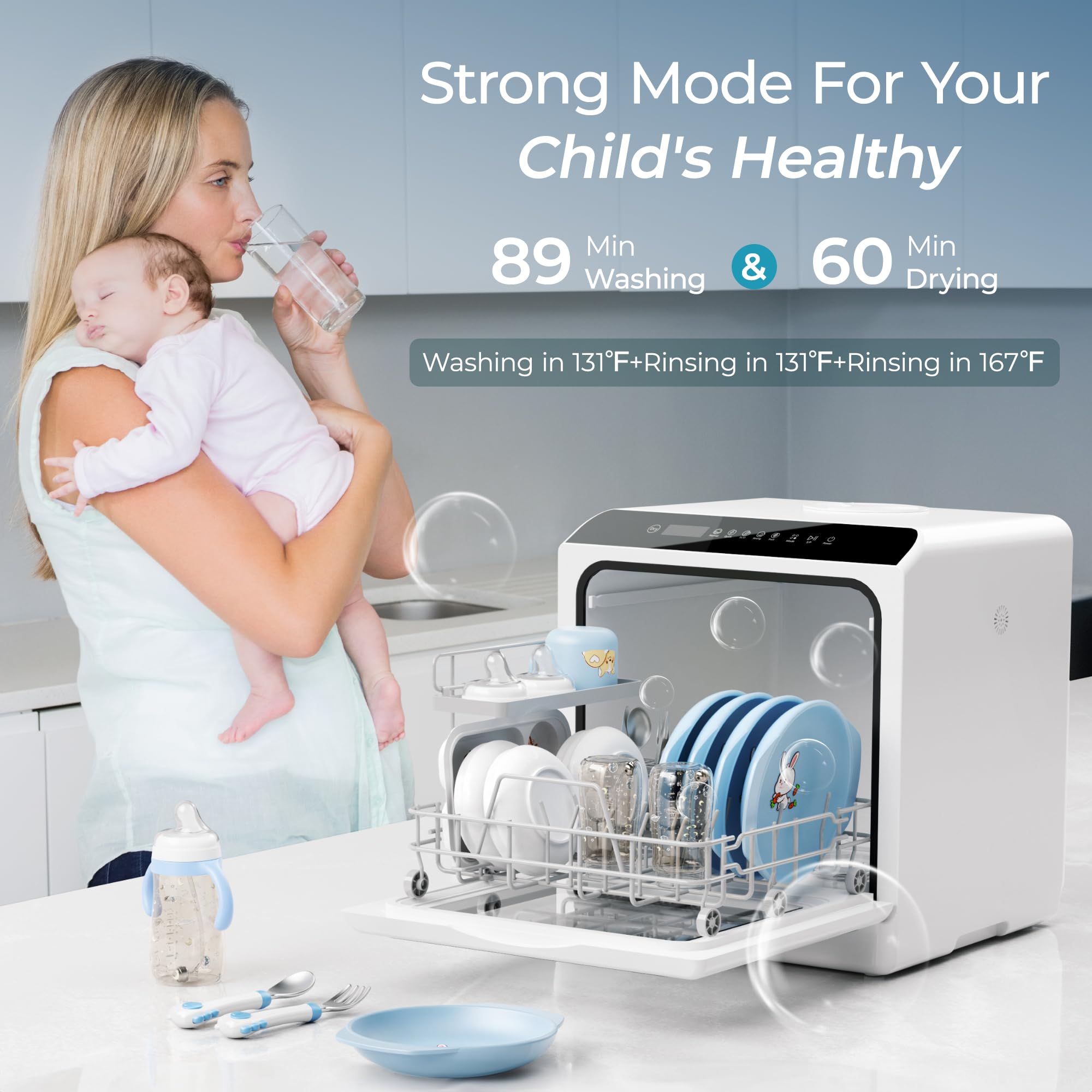 EUHOMY Mini Portable Countertop Dishwasher - Compact Tabletop Dishwasher with 5L Built-in Water Tank, 6 Wash Modes & Baby Care Function - Ideal for Apartments, RVs, Dorms & Small Kitchens - No Plumbing Needed (Perfect for Studio Living, Camping & Tiny Homes)