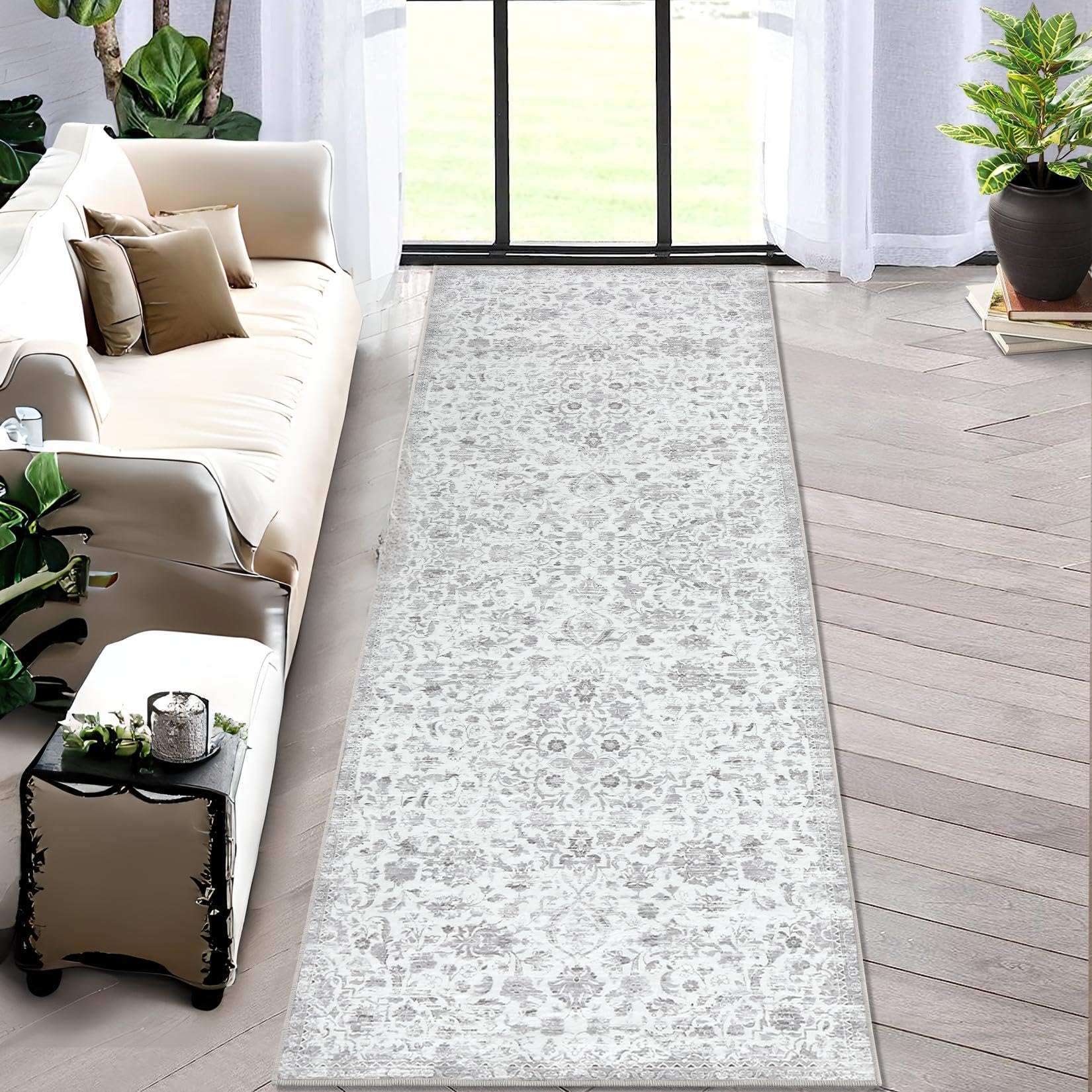 GARVEE 2x3 Washable Non-Slip Boho Floral Rug - Light Grey Indoor Entryway & Bathroom Mat, Stain-Resistant for Bedroom, Living Room & High-Traffic Areas