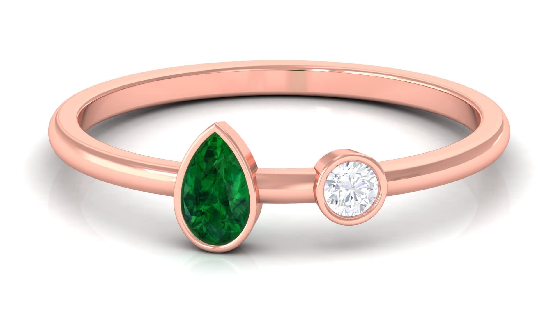Two Stone Created Emerald and Diamond Ring in 14K Solid Gold – Elegant Bezel Set Promise Ring for Engagement, Anniversary & Special Occasions