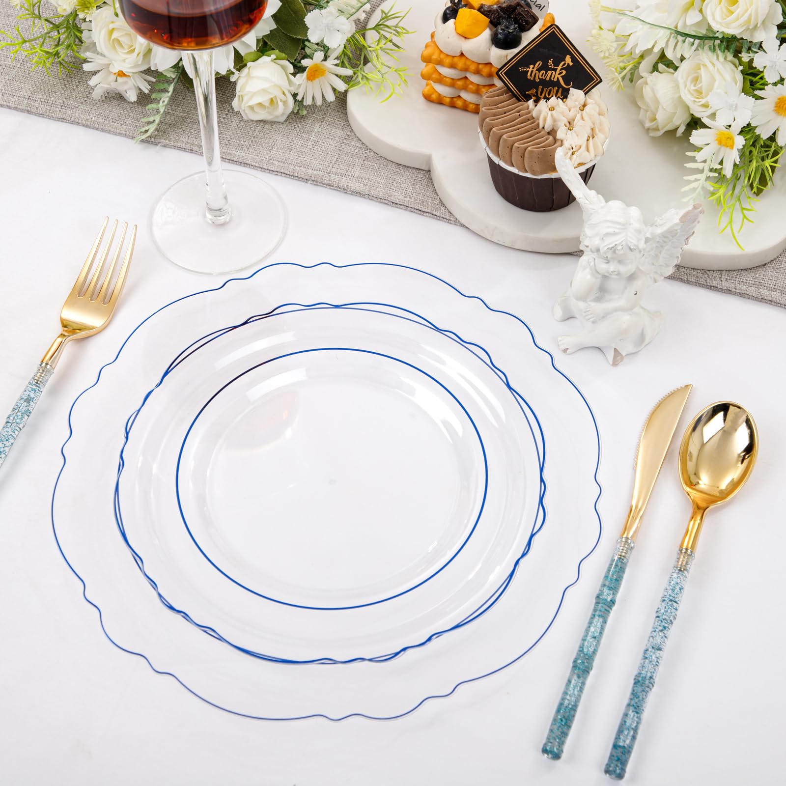 Liacere 150-Piece Clear Blue Plastic Plates Set with Glitter Bamboo Cutlery - Elegant Baroque Disposable Plates (60) & Utensils (30 Forks, 30 Spoons, 30 Knives) for Wedding, Party, Picnic, Summer BBQ and Outdoor Events