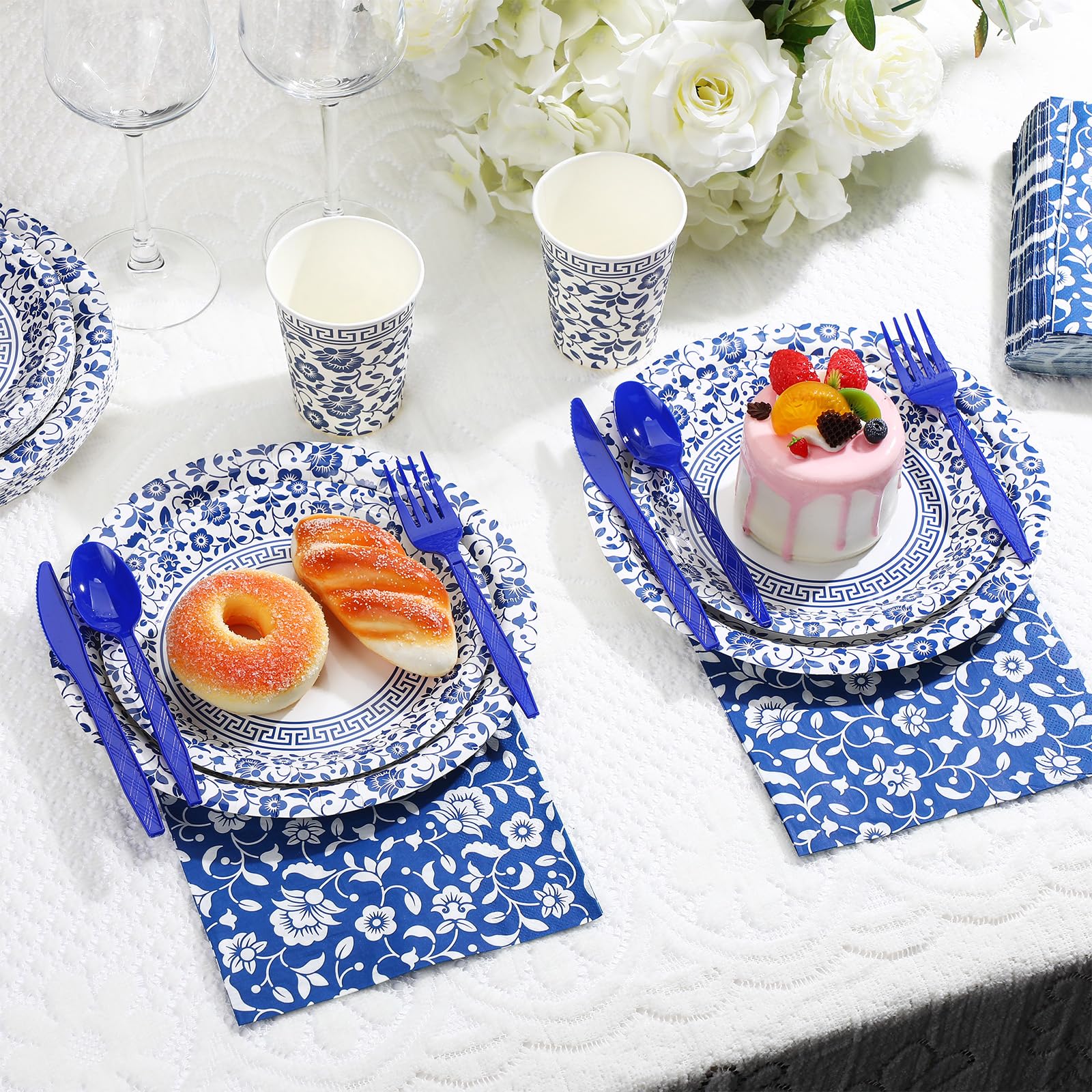 225 Pcs Blue and White Floral Disposable Tableware Set - 9 & 7 Inch Elegant Paper Plates, Cups, Straws, Napkins with Cutlery for 25 Guests | Perfect for Bridal Showers, Weddings, Birthday Parties & Elegant Events