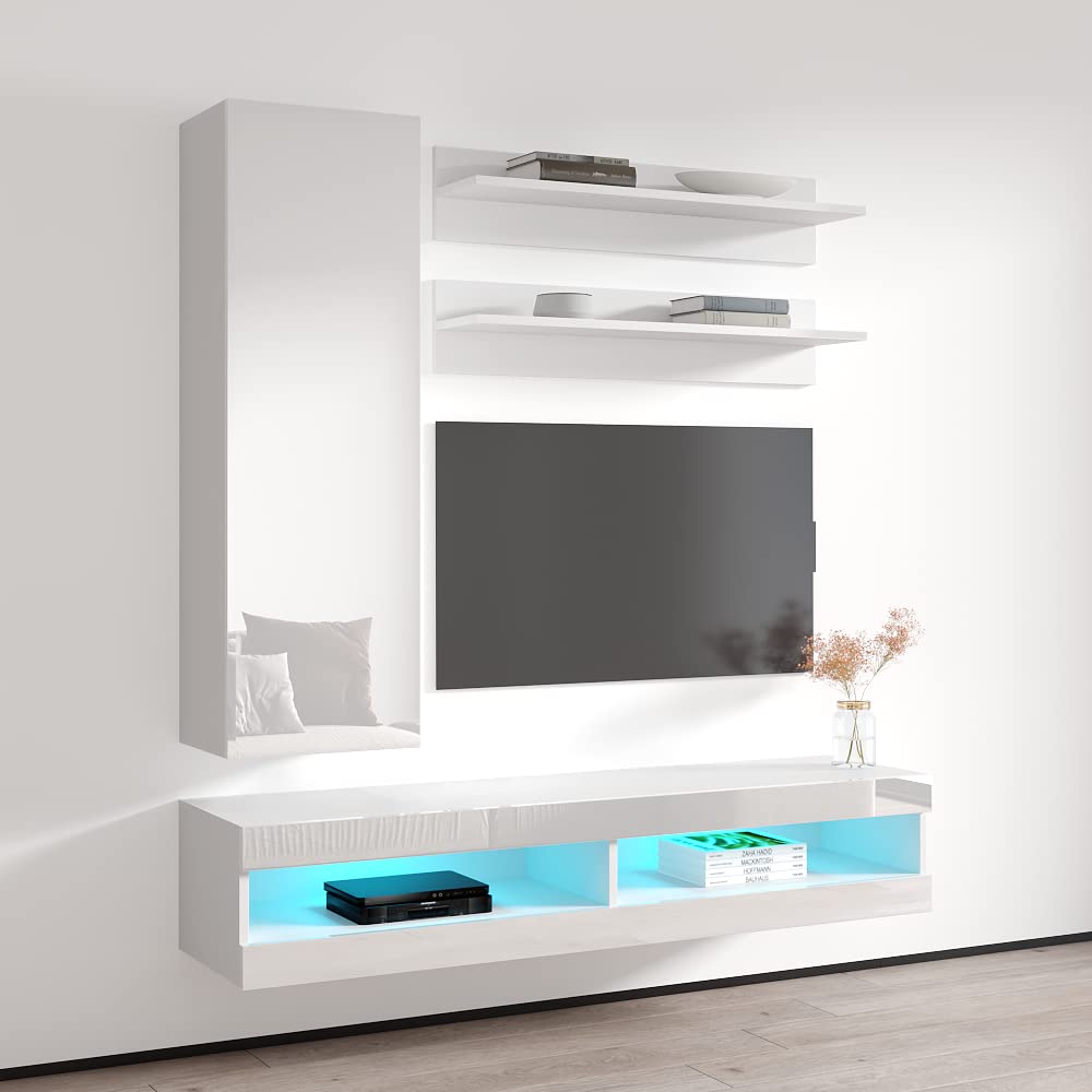 Modern White Wall-Mounted TV Stand with Storage Shelves & LED Lights - Floating Entertainment Center Console for Bedroom & Living Room - Perfect for Small Spaces & Home Theater Setup - Meble Furniture Fly H1 34
