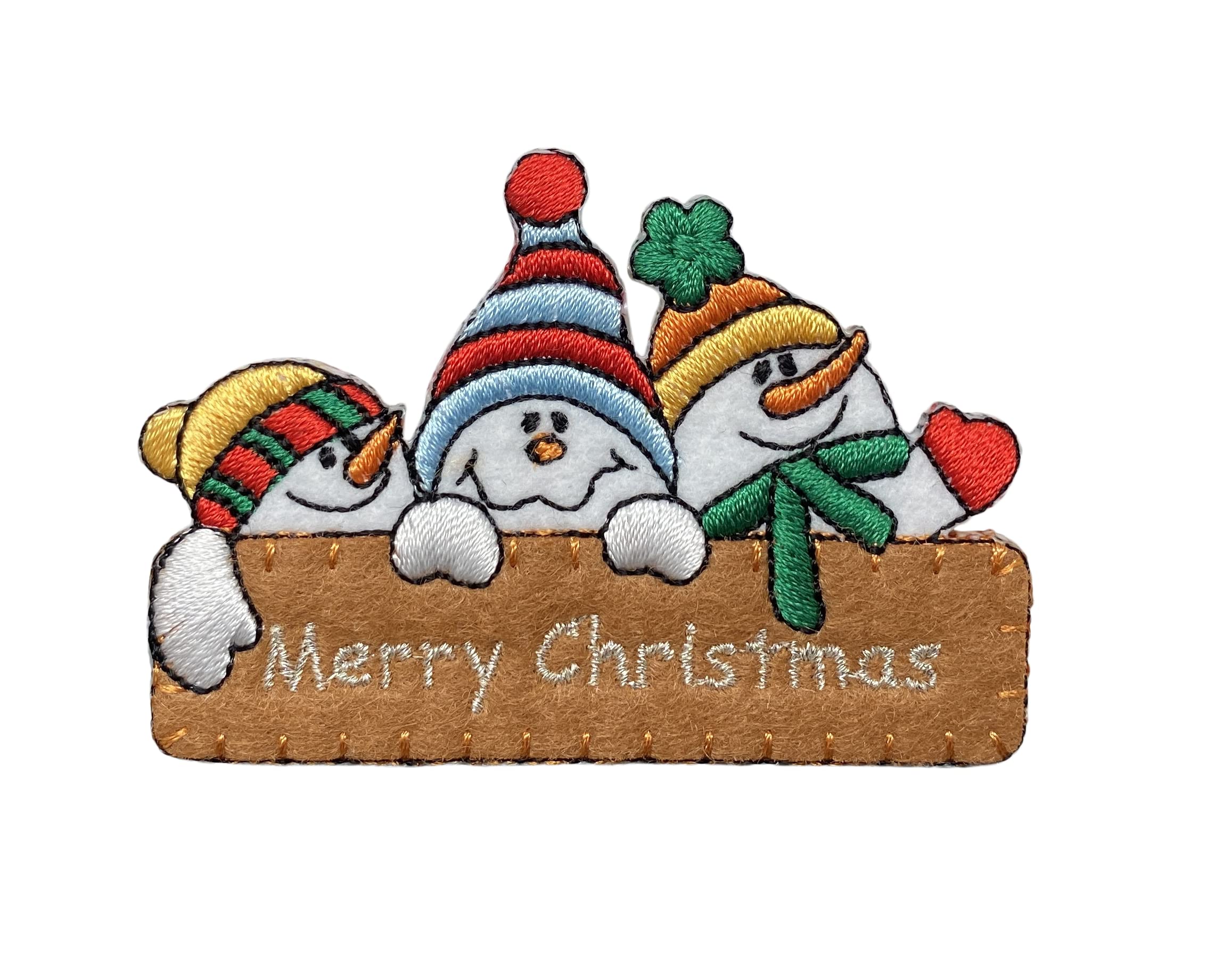 Merry Christmas Iron-On Patch with Three Snowmen - Festive Embroidered Applique for DIY Holiday Decor, Clothing & Gift Customization