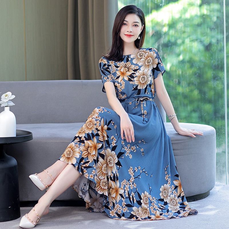Floral Print O-Neck Women's Dresses - Elegant & Comfortable for Casual Wear, Office, and Special Occasions