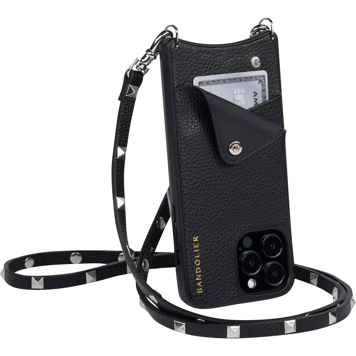 Bandolier Sarah Crossbody Phone Case & Wallet - Black Leather with Silver Accents - Compatible with iPhone 13 Pro Max - Perfect for Hands-Free Shopping, Travel & Everyday Use