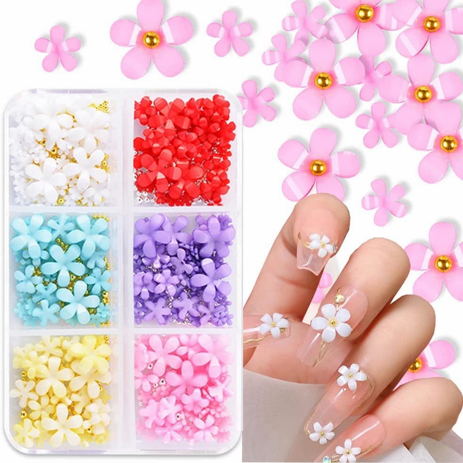 3D Flower Nail Charms for Acrylic Nails - 6 Grids Rhinestone Cherry Blossom Nail Art Decorations | DIY Spring Nail Designs for Women | Perfect for Bridal, Party & Salon Nail Art