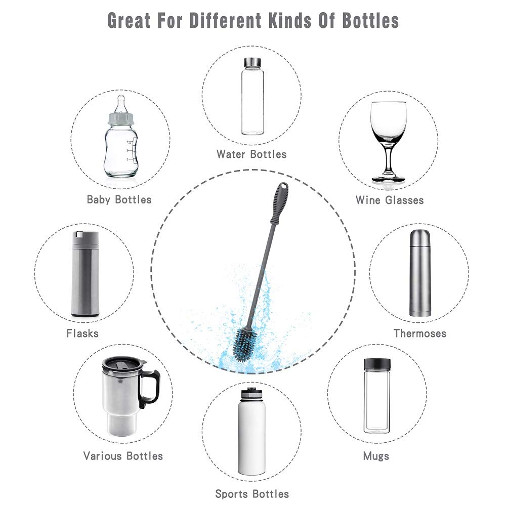 Long Handle Silicone Bottle Brush - Clean Baby, Hydro Flask & Sports Bottles - for Small Openings - Home & Travel Use