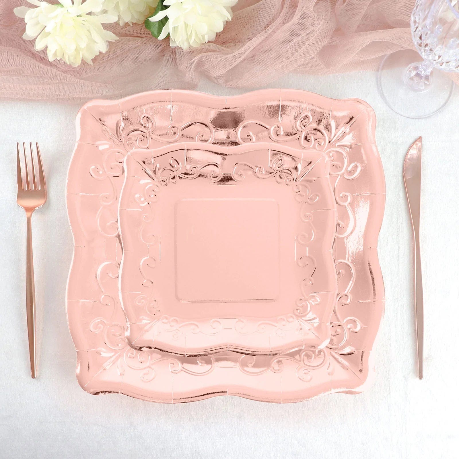 25 Pack Square Disposable Dessert Plates with Elegant Scroll Design - Perfect for Parties, Weddings, and Dinner Events
