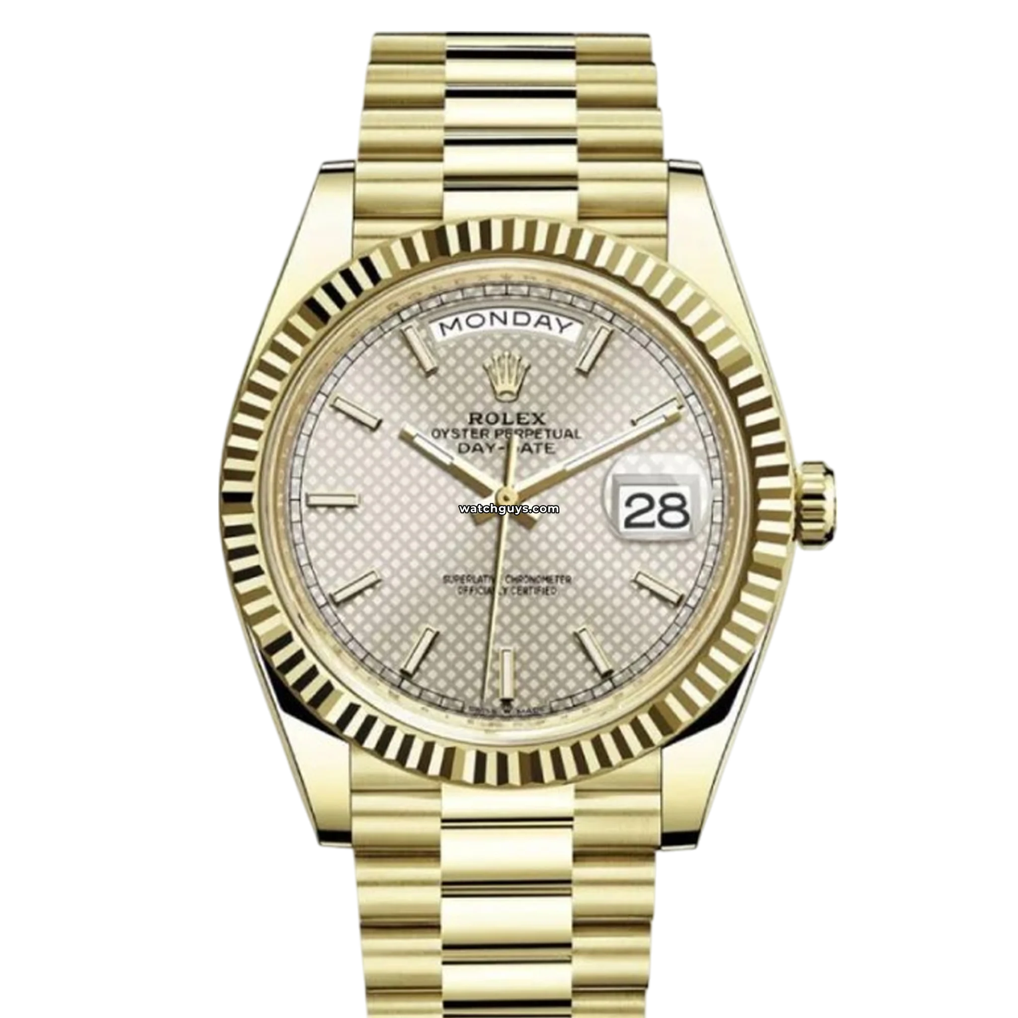 Rolex Day Date 228238 18K Yellow Gold Men's Watch with Silver Diagonal Motif Dial - Luxury Dress Watch for Business & Formal Occasions