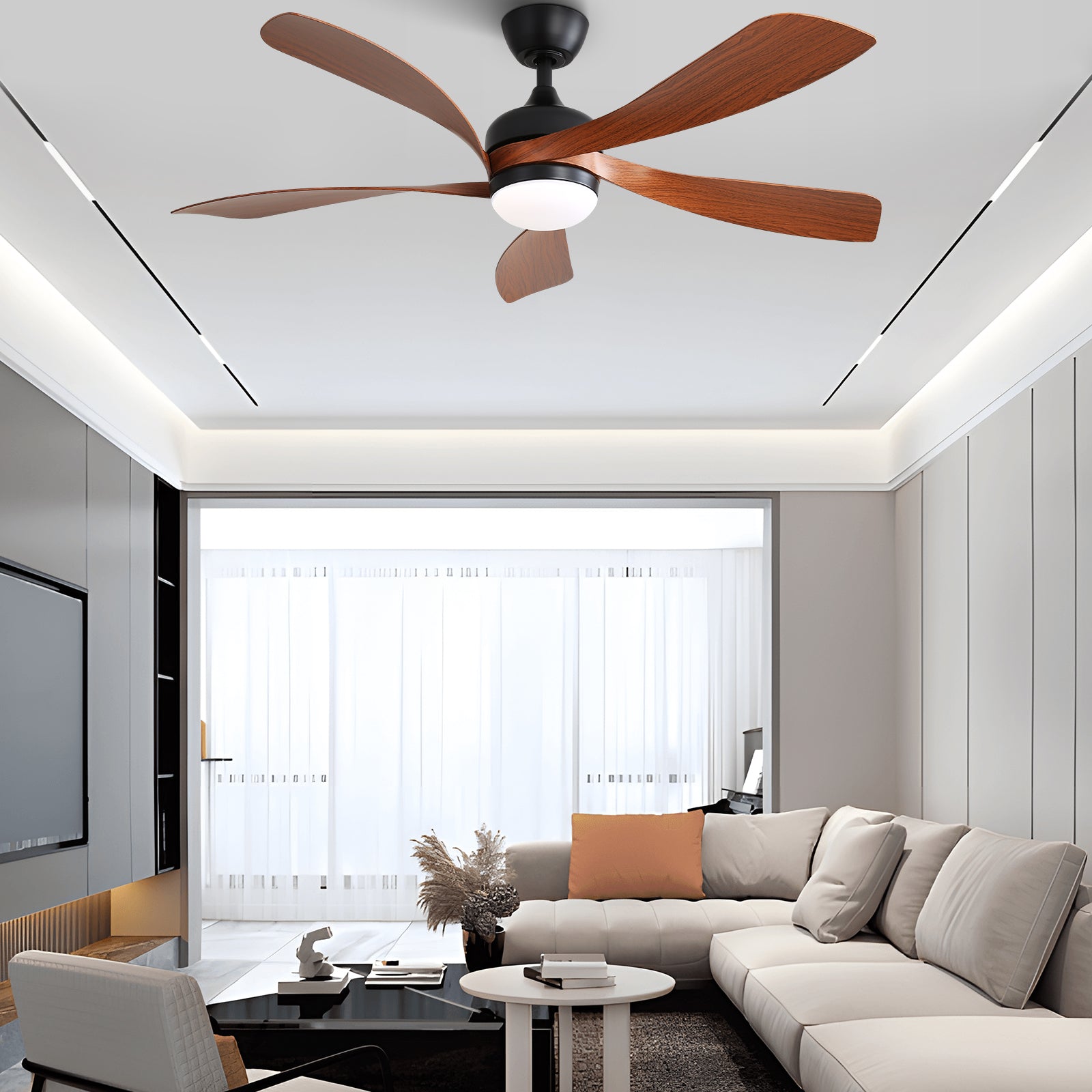 52 Inch Black Indoor Ceiling Fan with Remote Control - 3 Color Dimmable LED Light, 5 ABS Blades, Reversible DC Motor - Perfect for Living Room, Bedroom, and Office Spaces