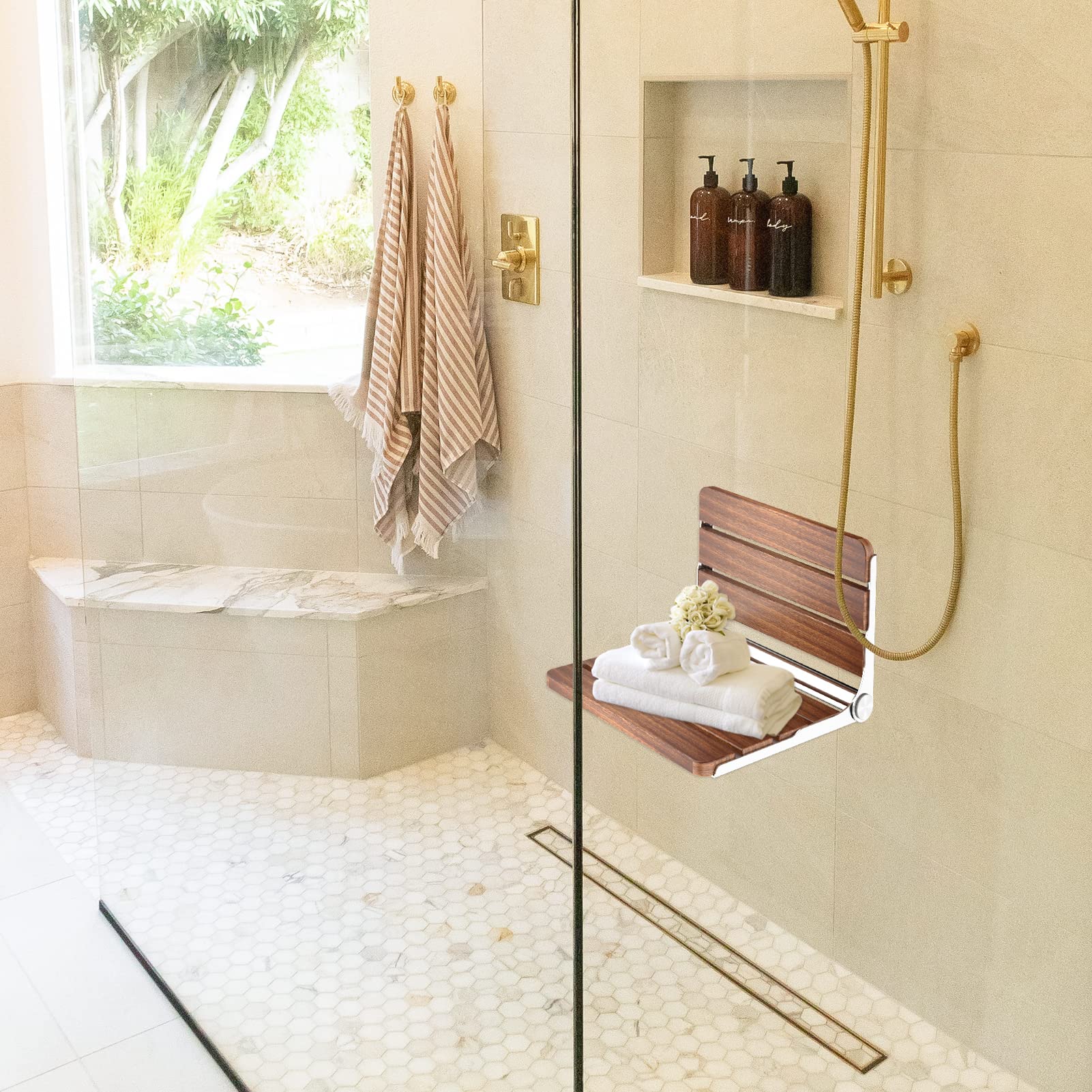 Foldable Wall Mounted Shower Seat for Elderly & Disabled Adults - Non-Slip Fold Up Shower Stool with Adjustable Height, Waterproof Bathroom Chair for Safe Showering (Ideal for Seniors, Rehab & Small Spaces)