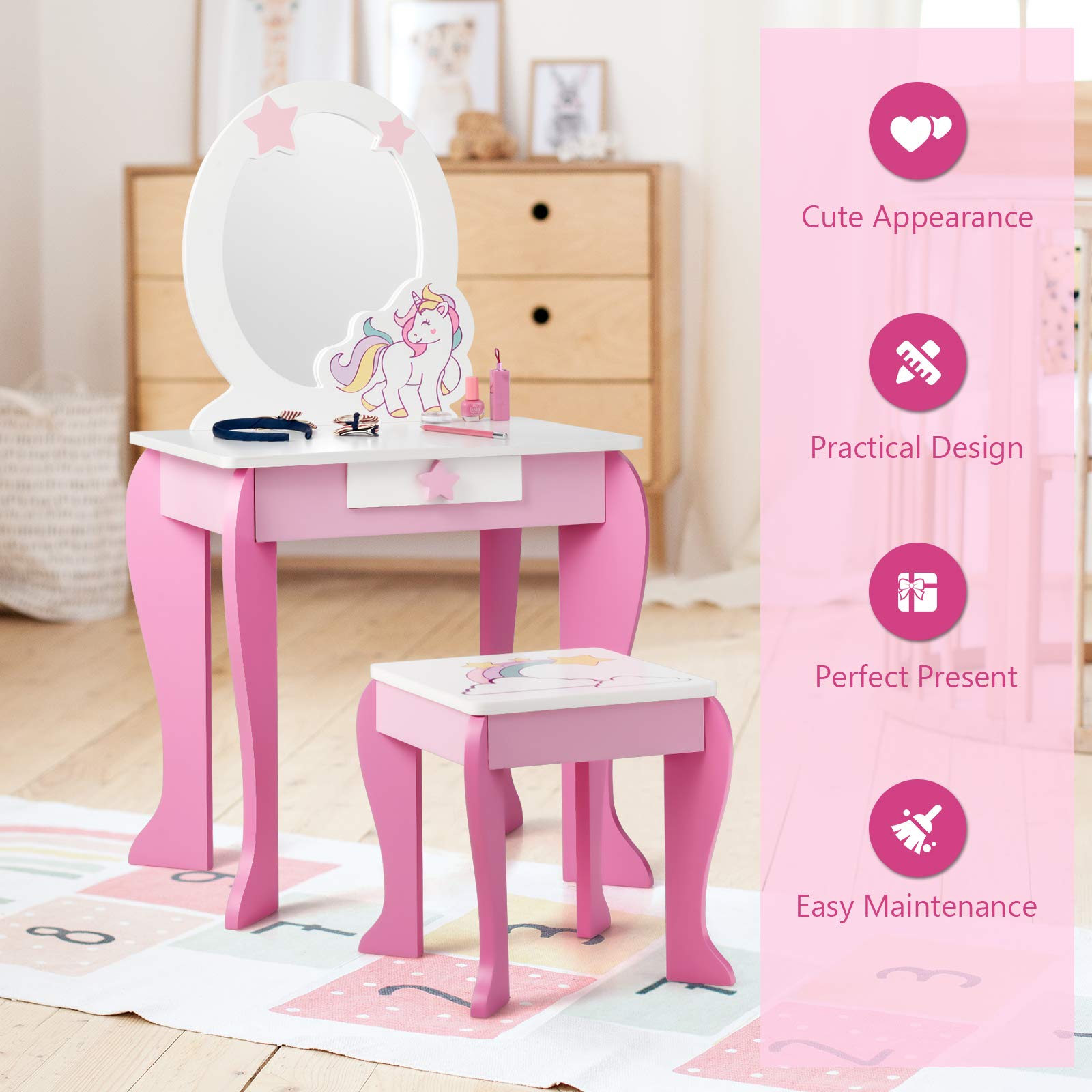 **Pink Princess Vanity Set for Toddler Girls - Kids Makeup Table with Stool, Detachable Mirror & Storage Drawer - Pretend Play Dressing & Makeup Toy for Birthday Gifts & Room Decor**