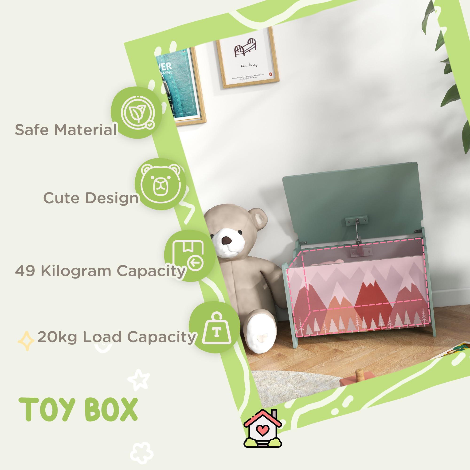 Qaba Kids Toy Storage Box with Safety Hinge - Large Green Toy Chest Organizer with Lid for Bedroom, Playroom & Nursery - Durable Toy Box for Boys & Girls Toys, Books & Stuffed Animals