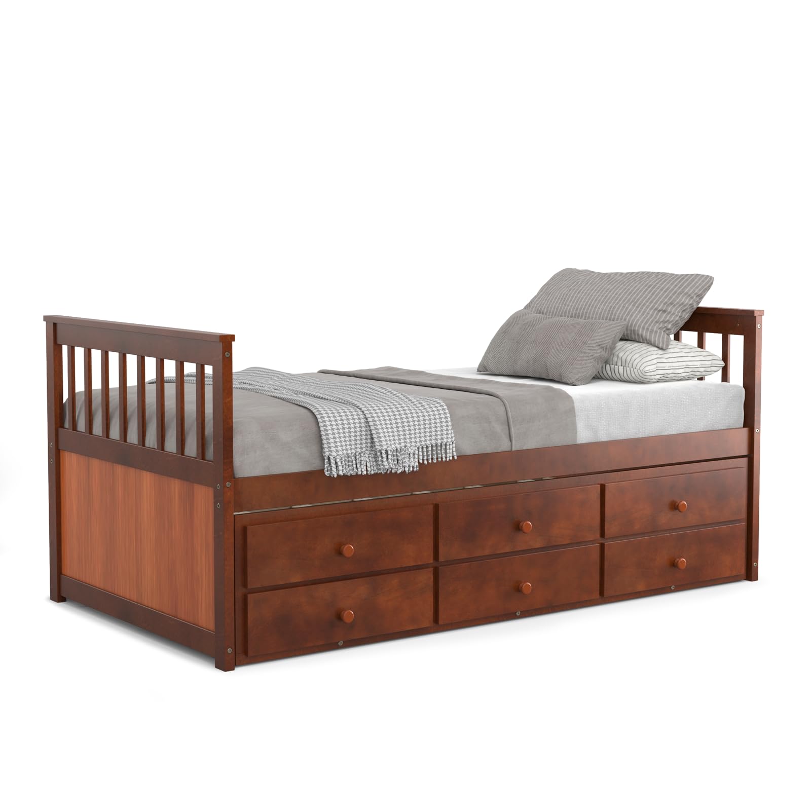 KOMFOTT Twin Size Wooden Trundle Bed with Storage Drawers - Space-Saving Daybed Frame, No Box Spring Needed, Captain’s Bed for Guest Room, Kids Room & Small Apartments