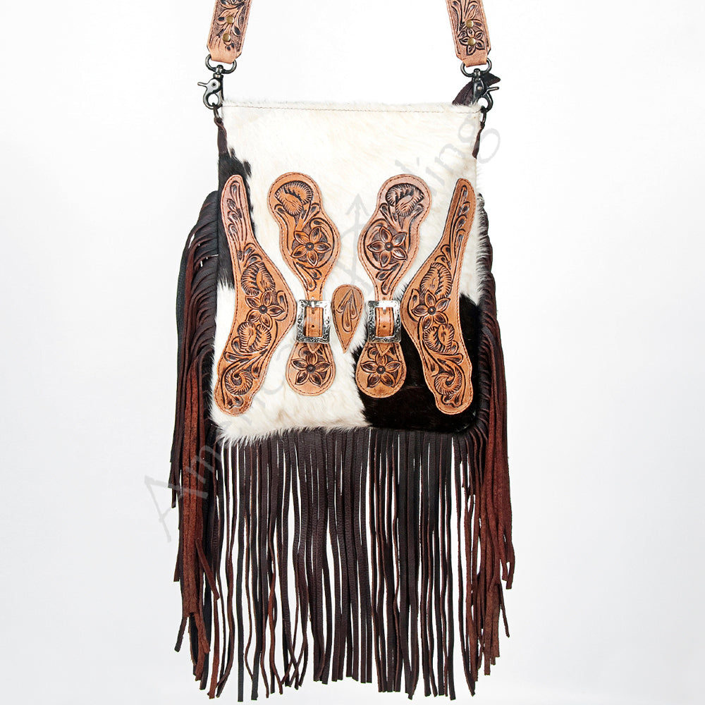 Genuine Leather Western Messenger Bag for Women - American Darling ADBG393 Hand-Tooled Hair-On Cowhide Handbag Purse - Perfect for Cowgirl Style, Rodeo Events & Everyday Use