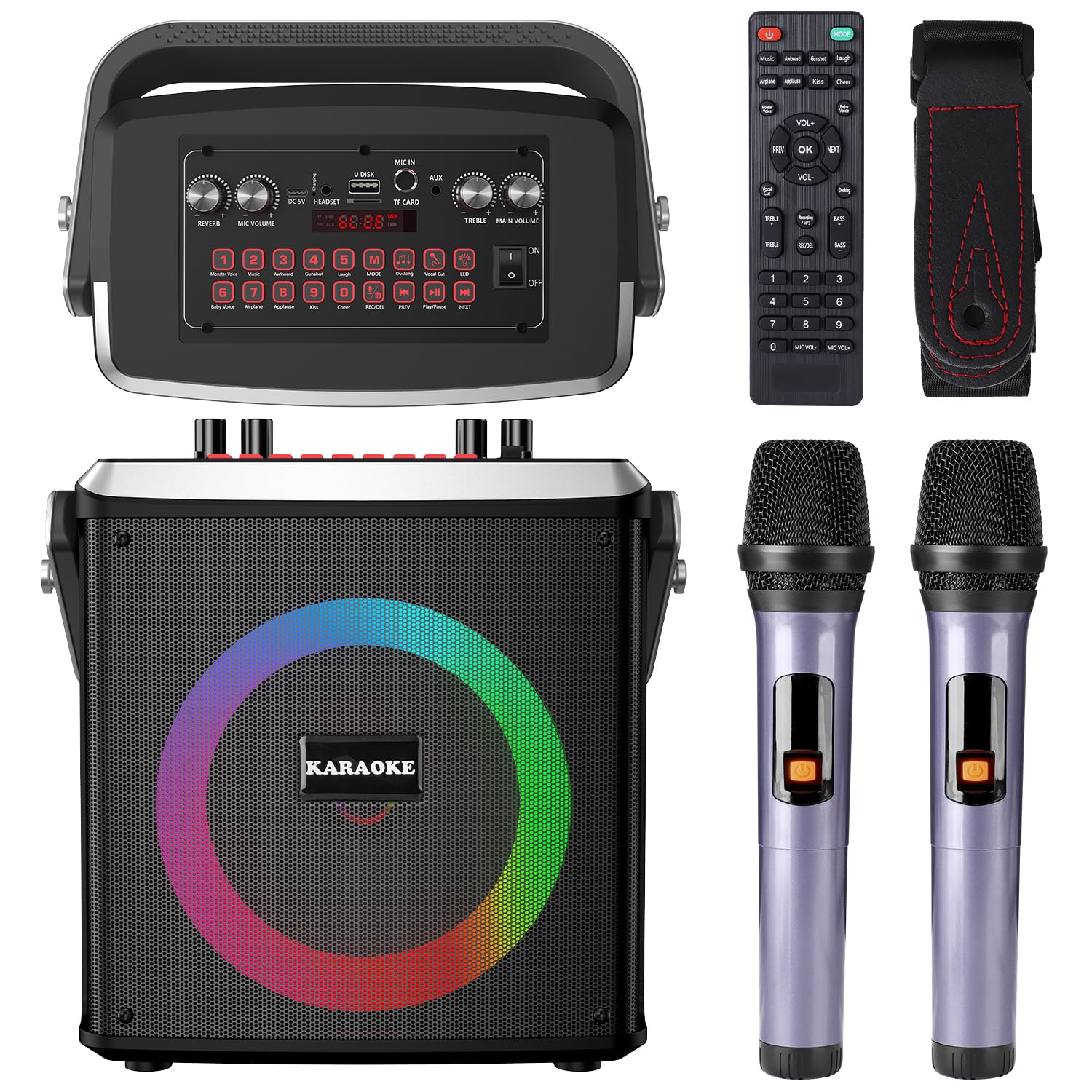 Portable Bluetooth Karaoke Machine with 2 Wireless Microphones - Party Speaker for Home, Outdoor, Camping & Garage (Perfect for Parties, Gatherings & Entertainment)