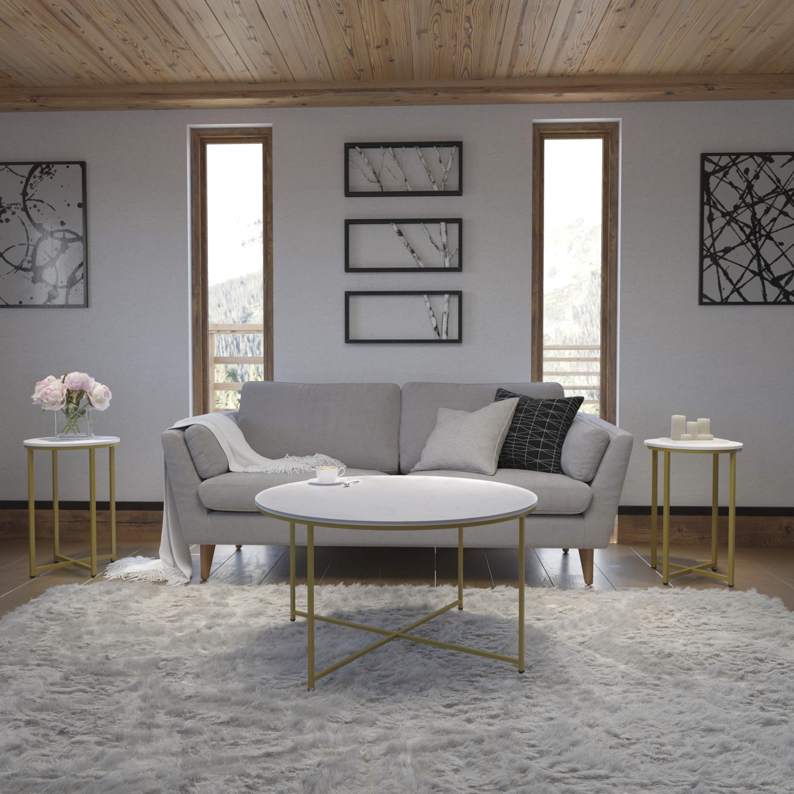 Hampstead Collection 3-Piece Coffee & End Table Set - White Marbled Laminate Top with Brushed Gold Crisscross Frame - Modern Living Room Furniture for Small Spaces, Apartments & Home Decor