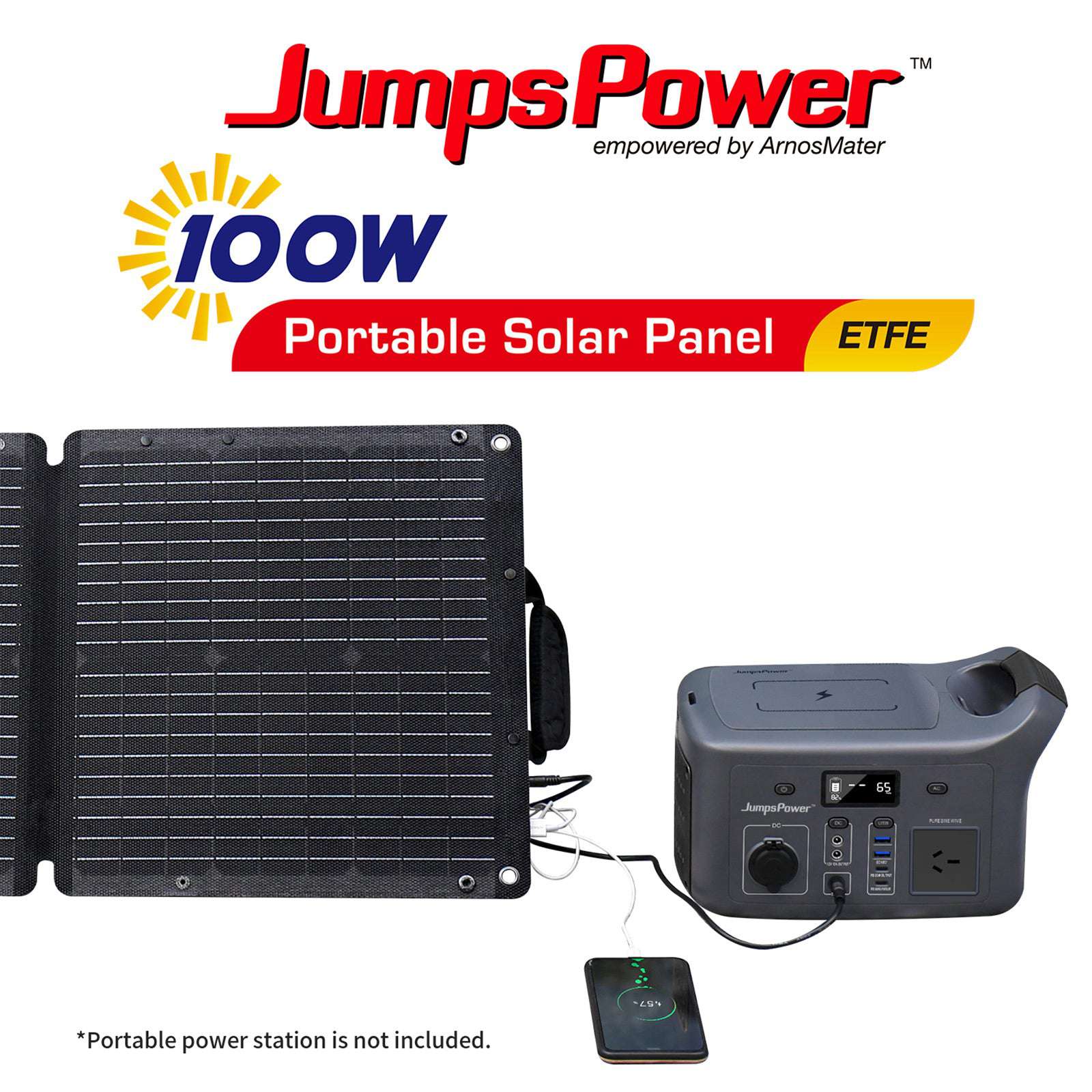 100W Portable Solar Panel Charger - Foldable & Lightweight for Outdoor Camping, Hiking, RV Trips | JumpsPower Solar Generator for Phones, Laptops, Emergency Power Supply
