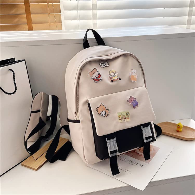 Stylish 15.7 Inch Kawaii Aesthetic Backpack for Women - Cute Japanese College School Bag with Badge Holder (Black) - Perfect for School, Travel & Everyday Use