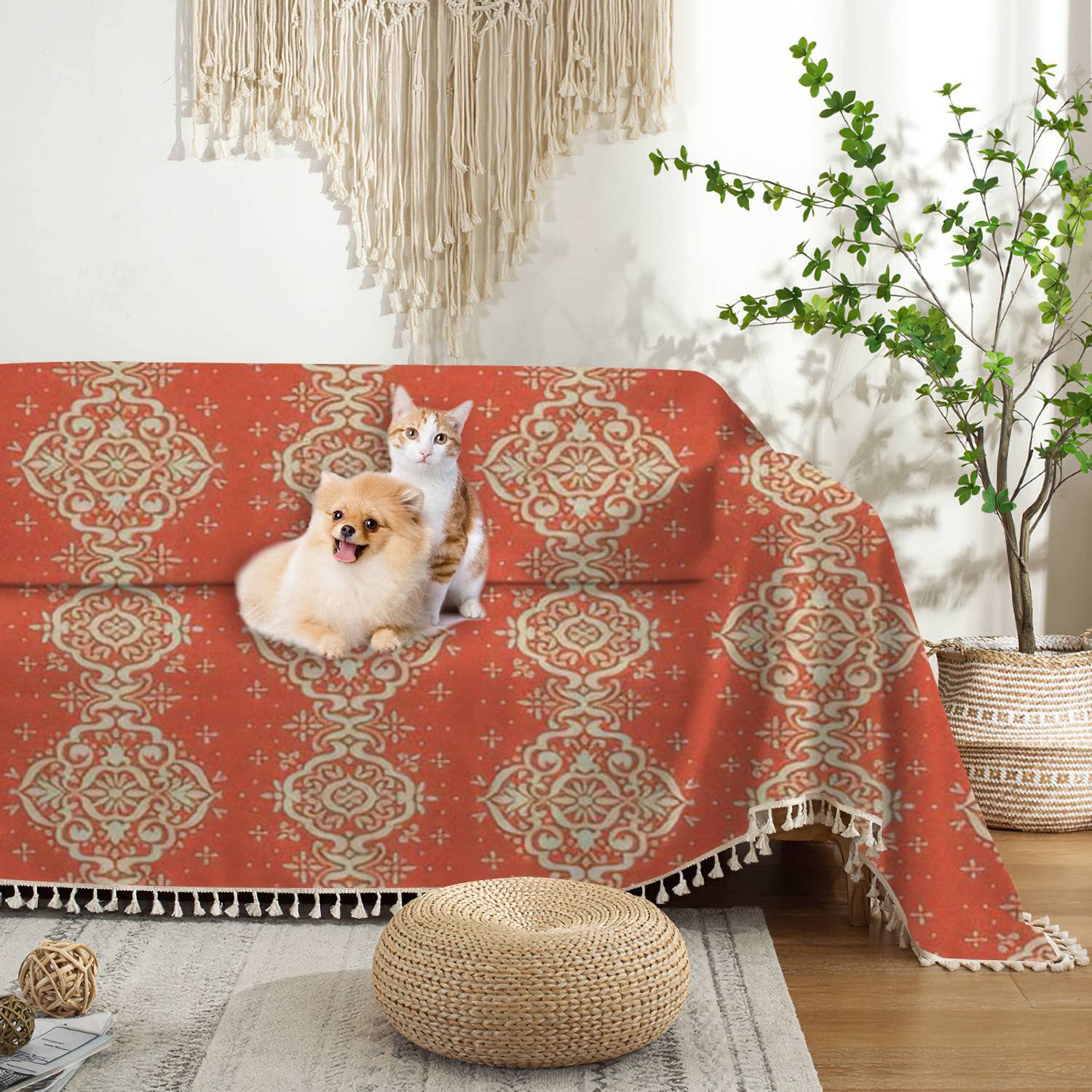 Washable Sofa Cover with Ikat Seamless Border & Snowflakes Openwork Lace - Christmas Holiday Couch Slipcover, Furniture Protector for Pets, Living Room & Bedroom Decor | Perfect for Seasonal Home Refresh & Pet-Friendly Furniture Protection