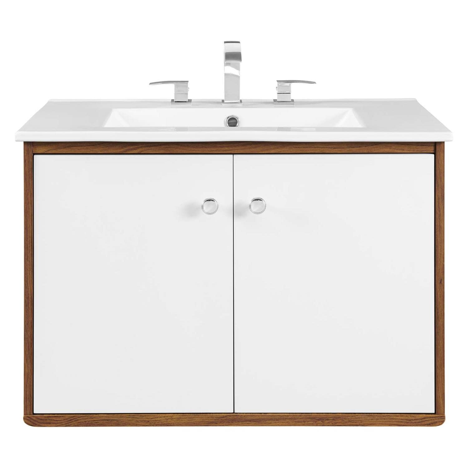 Modway Transmit 30-Inch Wall-Mount Bathroom Vanity in Walnut & White - Modern Space-Saving Storage Solution for Small Bathrooms & Powder Rooms