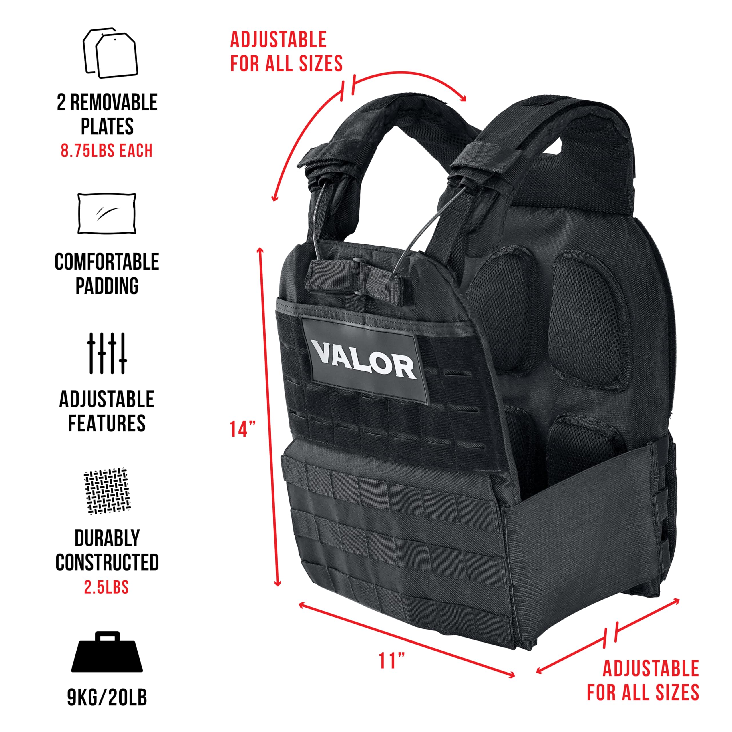 Valor Fitness Adjustable Weighted Vest for Men & Women - 14/20/30 lbs with Removable Weight Plates - Cross Training, Rucking, Running, Endurance & Strength Workouts - Ideal for Gym, Outdoor & Military Training