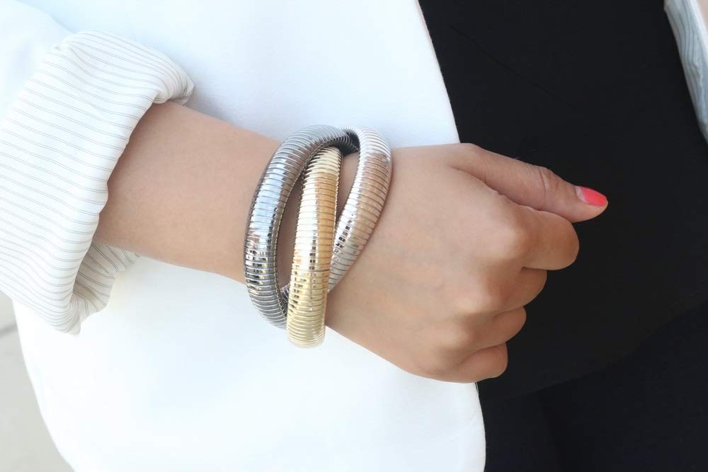 JR JOY & RACHEL 14K Gold Plated Black Rhodium Triple Twist Stretch Bracelet (6.75 Inch) - Elegant Stackable Jewelry for Women, Perfect for Parties, Weddings & Everyday Wear