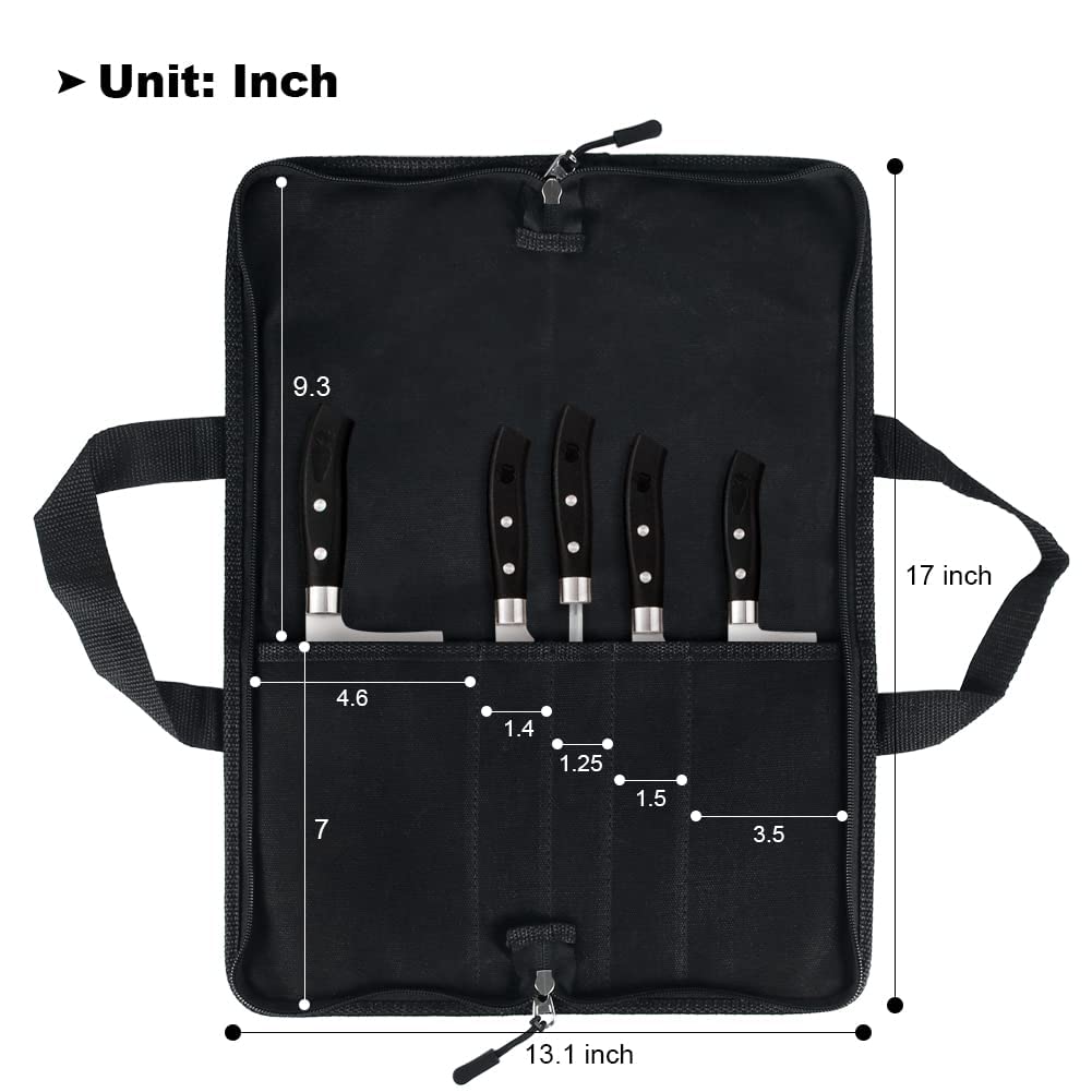 Professional Chef Knife Roll Bag - Waxed Canvas Knife Storage with 5 Slots & Zipper Closure | Heavy Duty Knives Pouch Holder for Kitchen, Travel & Camping | Perfect for Chefs, Home Cooks & Outdoor Cooking