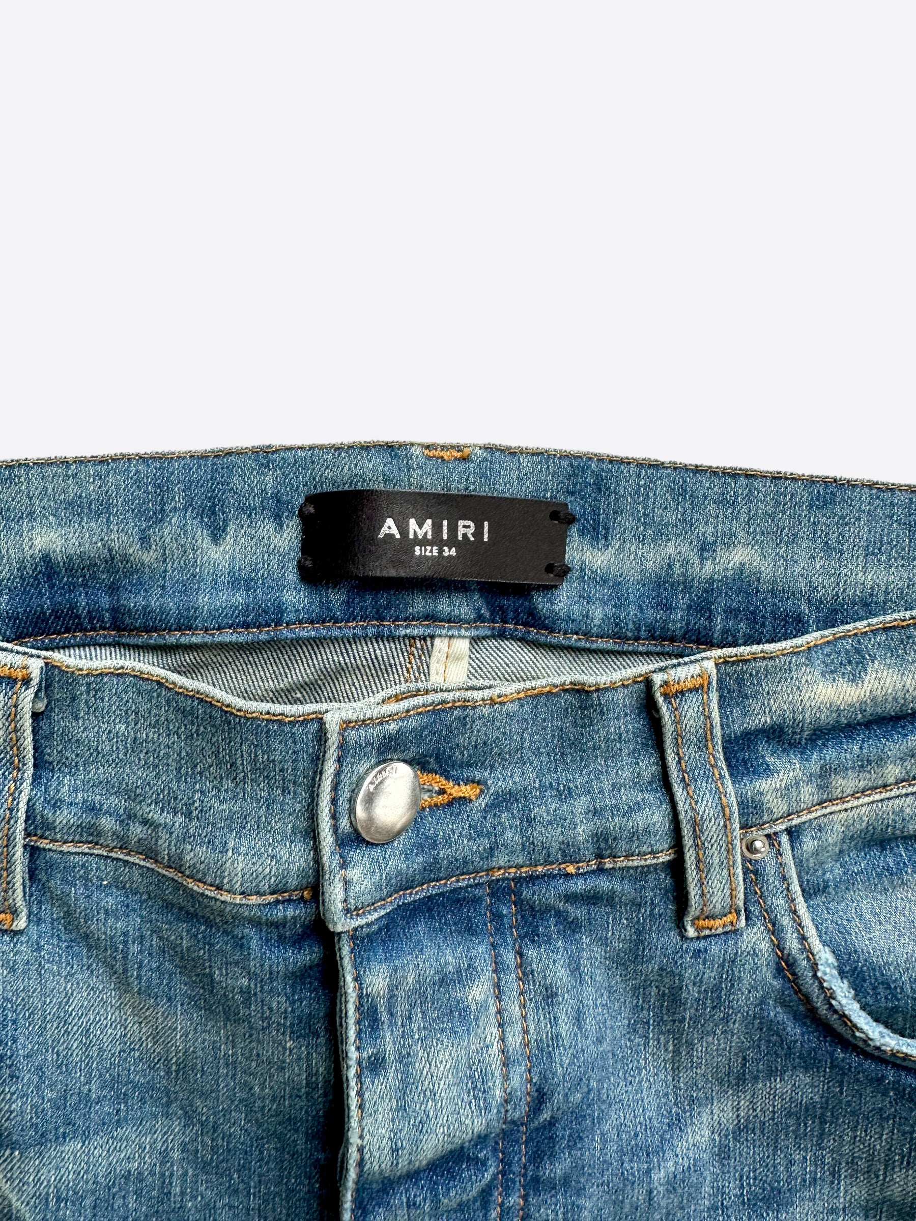 Amiri Blue Bandana Patch MX1 Distressed Denim Jeans for Men - Vintage Style Ripped Skinny Jeans | Perfect for Streetwear, Casual Outfits & Night Out Looks