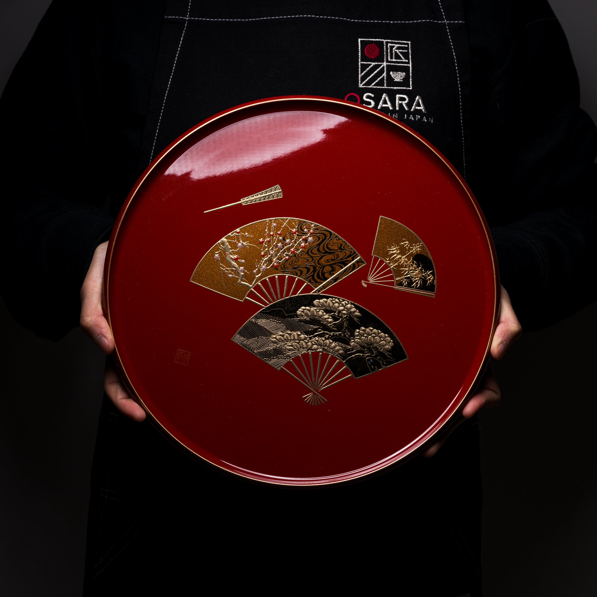 Modern Yamanaka Lacquerware Tray - Handcrafted Gold Fan Design - 30cm Round Serving Tray - Perfect for Tea Ceremony, Sushi Presentation & Home Decor
