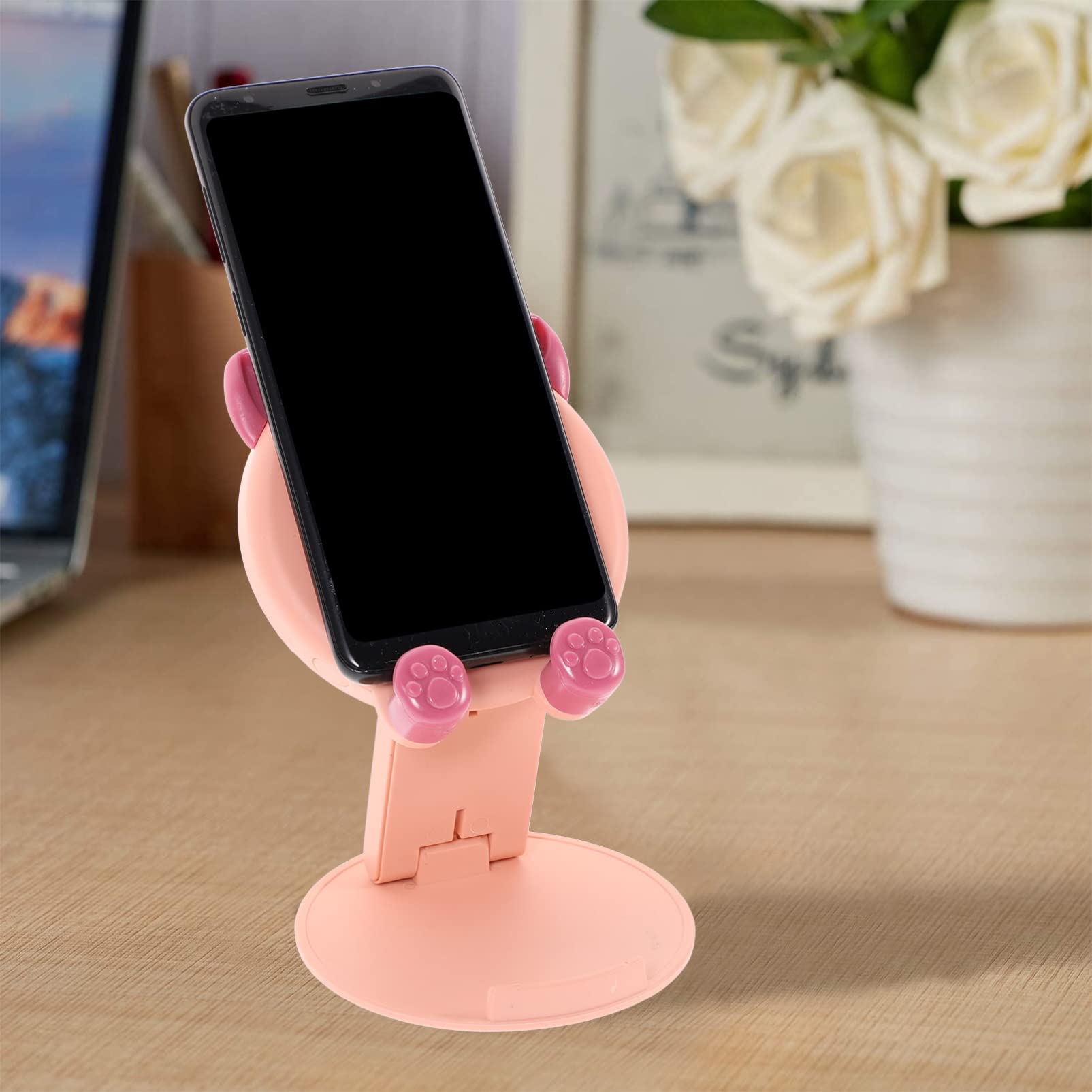 Adjustable Folding Phone Stand with Pig Design - Universal Desktop Cell Phone Holder & Tablet Stand for iPhone, Samsung, Google Pixel - Perfect for Home Office, Bedside, Kitchen Counter & Video Watching