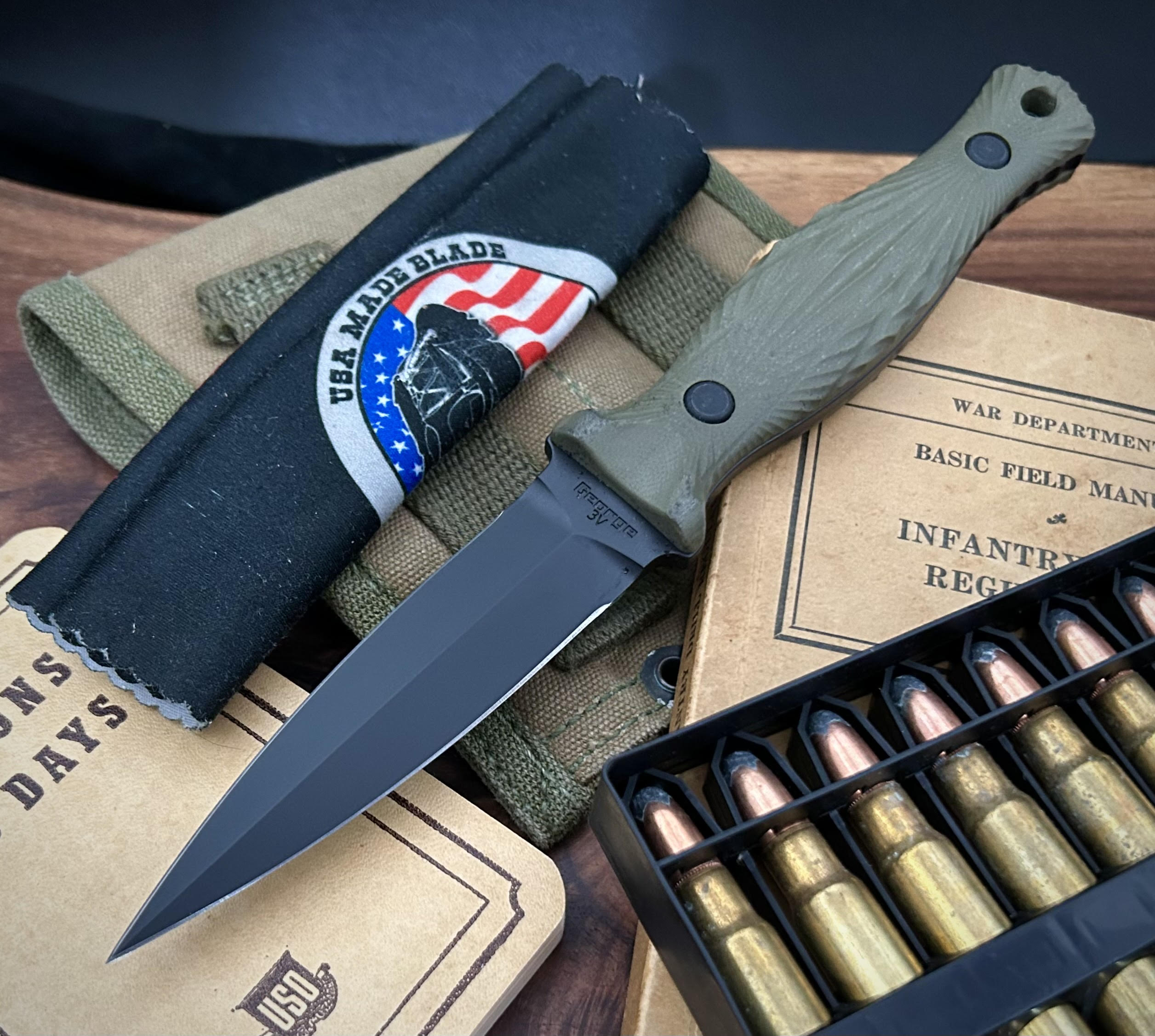 Les George Galvo Folding Knife - Green Tephra G10 Handle, Black Cerakote 3V Blade - EDC, Outdoor, Camping & Survival Tool