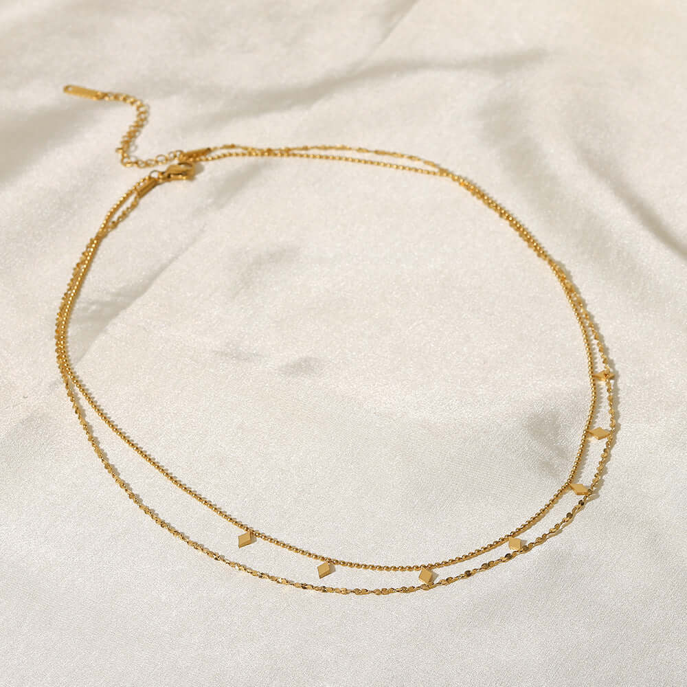 18K Gold Plated Geometric Double Strand Chain Necklace for Women - Elegant Layered Statement Jewelry for Parties, Date Night & Special Occasions | JDN120