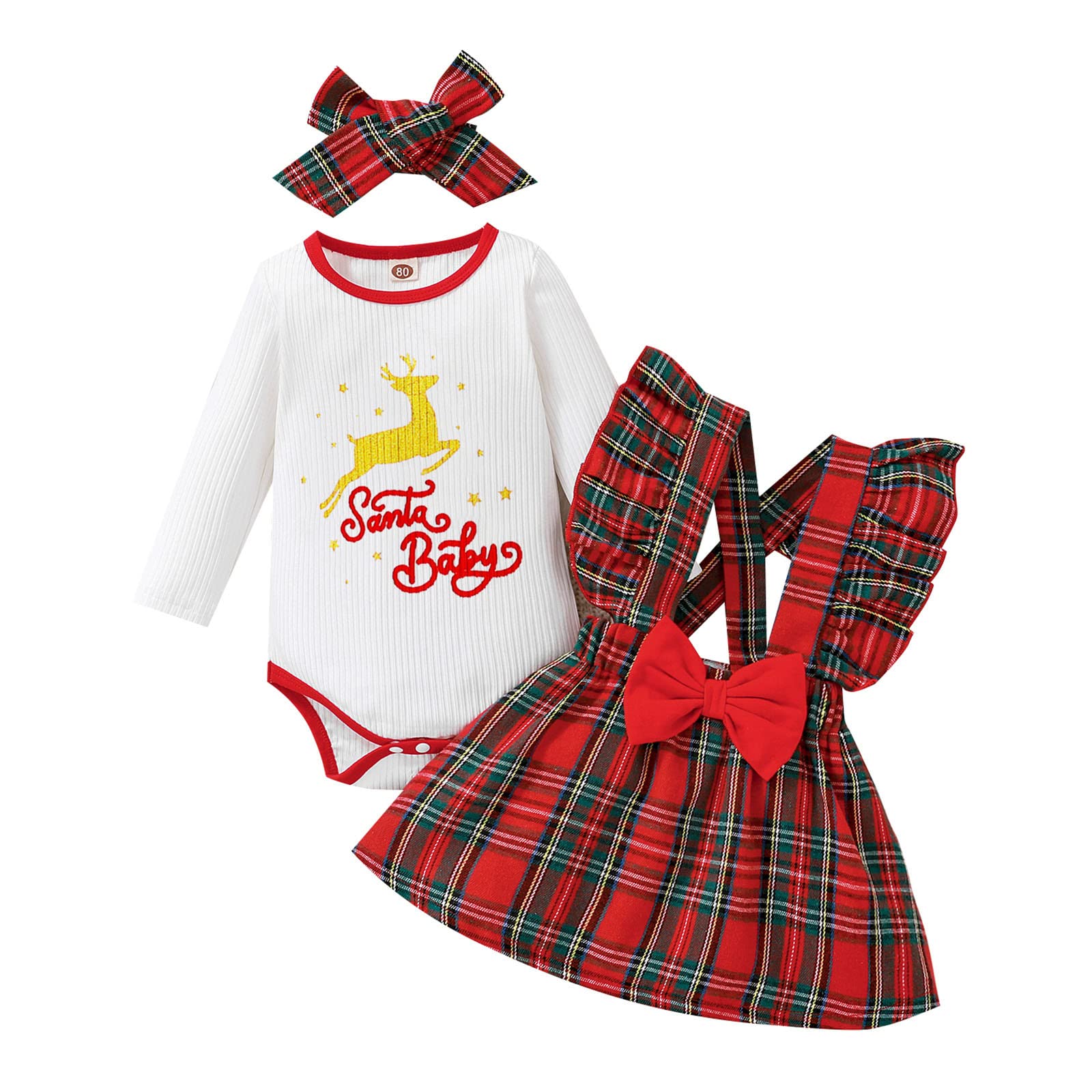 Baby Girls Christmas Outfit Set - Long Sleeve Deer Print Romper with Plaid Suspender Skirt & Bow Headband | Holiday Party, Family Photos, Seasonal Dress Up