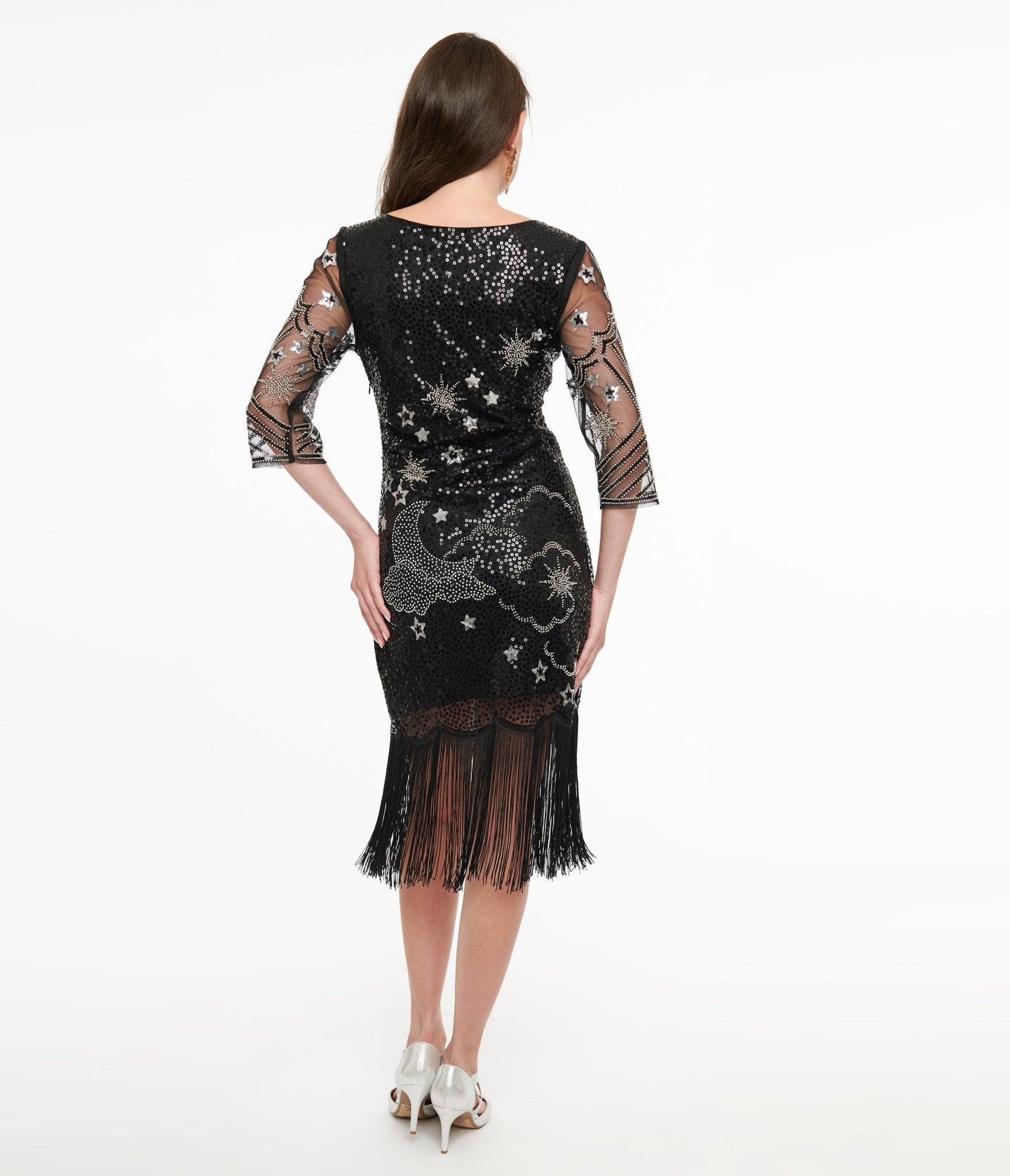 Vintage 1920s Black & Silver Moon & Stars Sequin Flapper Dress - Roaring 20s Gatsby Party Costume, Halloween Outfit, Jazz Age Themed Event