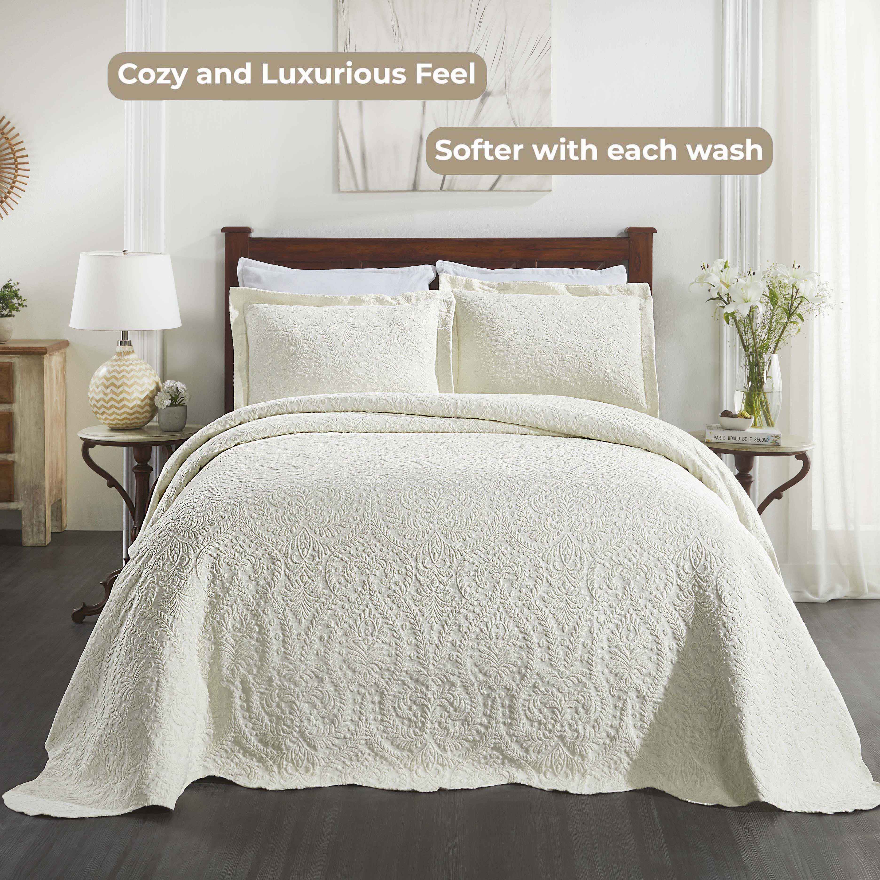 Premium Aspen Cotton Blend Jacquard Woven Floral Bedspread Set with Scalloped Edges - Queen Size Luxury Bedding for Master Bedroom & Guest Room Decor
