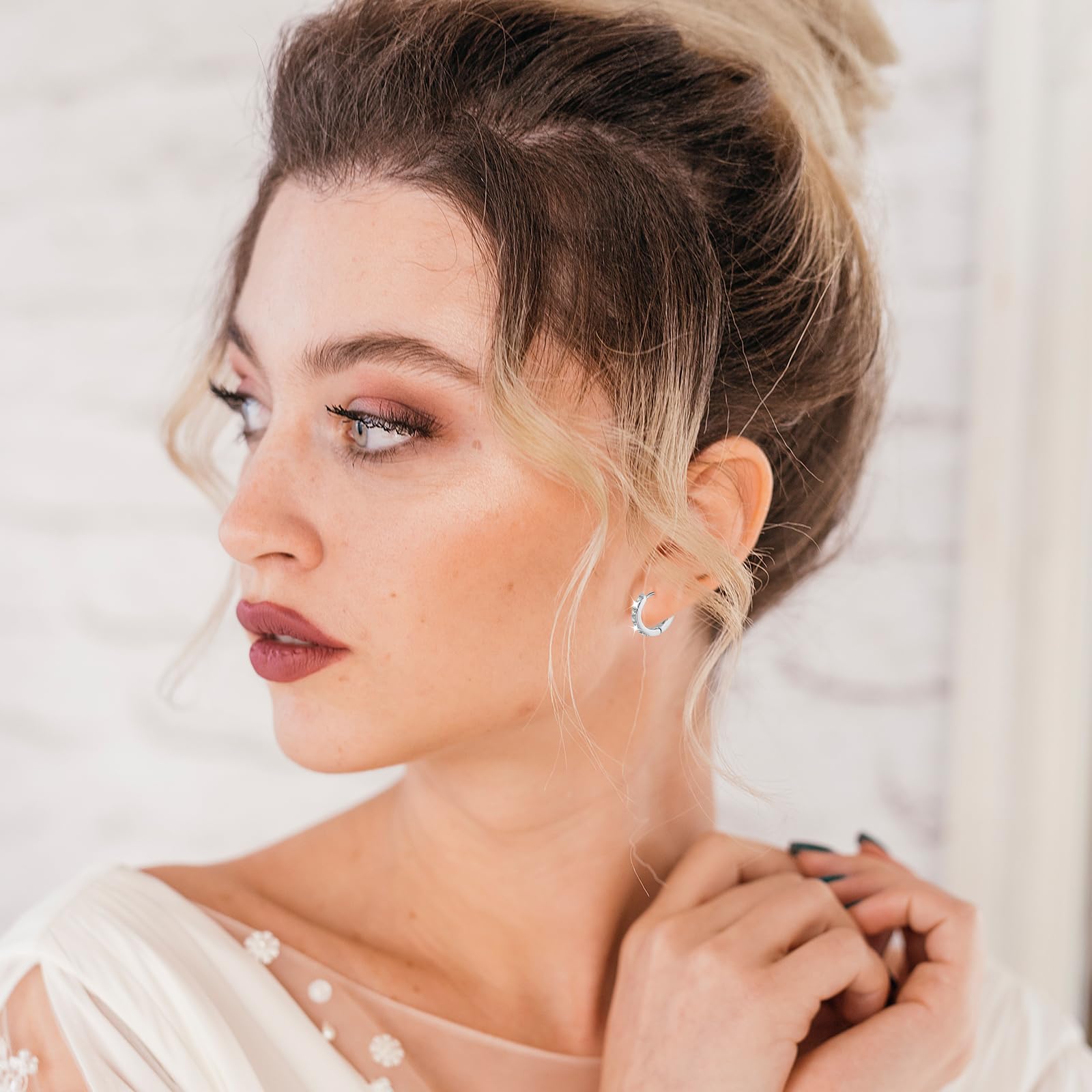 Lusofie 3 Pairs Small Silver Hoop Earrings with Rhinestones - 8mm 10mm 12mm Sterling Silver Hoops for Women, Girls & Men - Perfect for Everyday Wear, Parties & Gifts