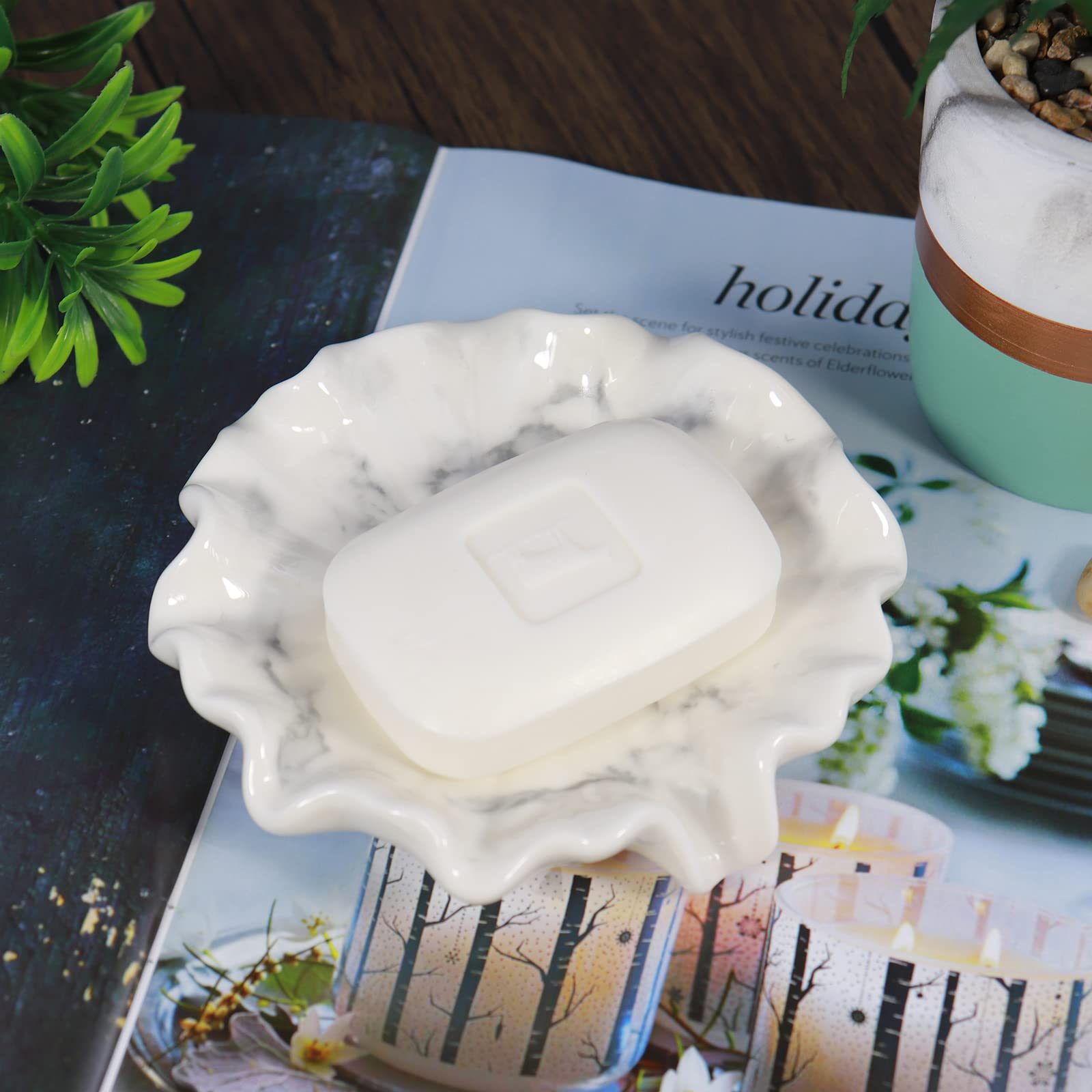 Ceramic Soap Dish with Lotus Leaf White Marble Pattern - Self Draining Soap Holder with Waterfall Slot - Bathroom & Kitchen Countertop Organizer for Sponges and Soap - Perfect for Modern Bathrooms, Spa Showers, and Luxury Hotel Style Vanities