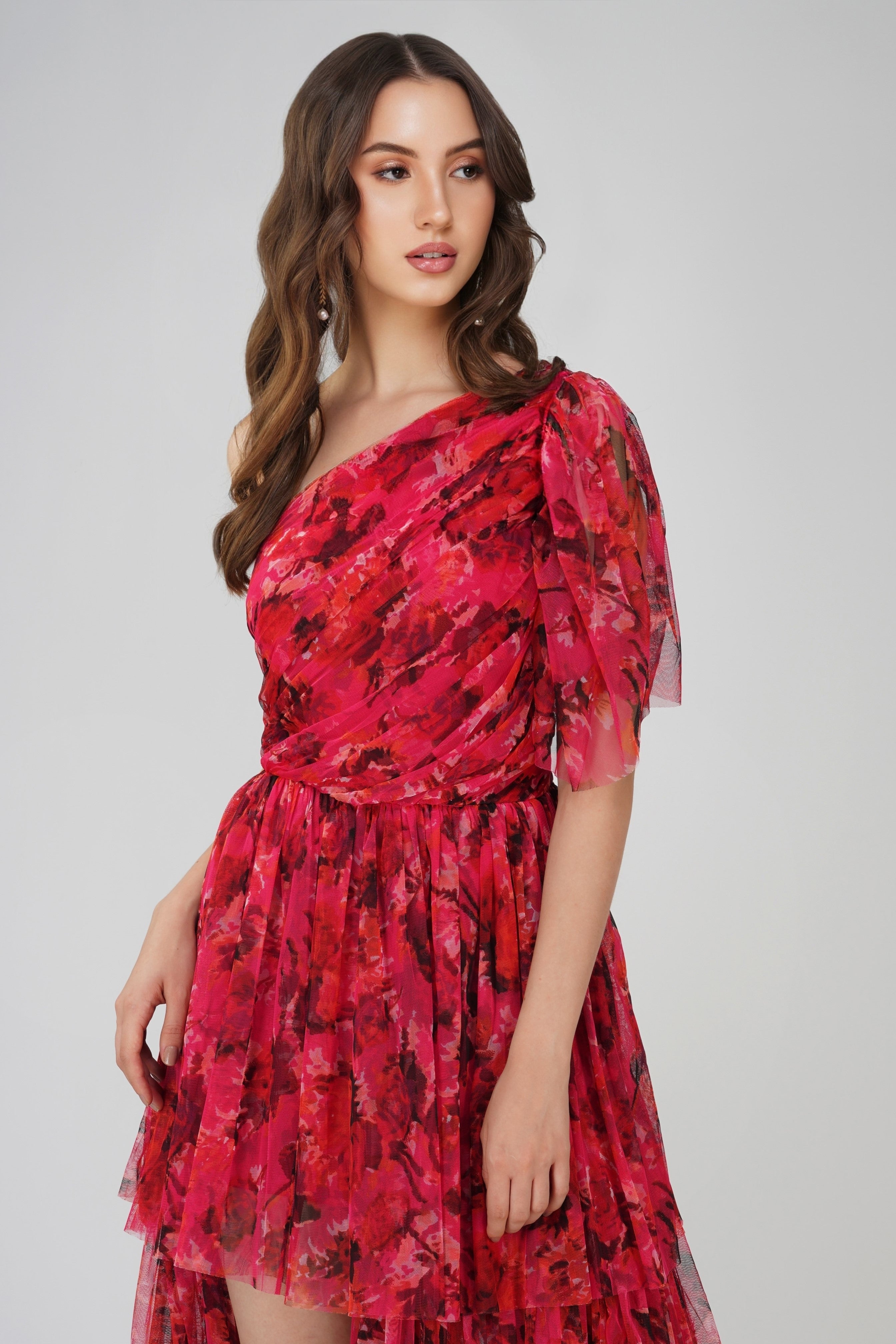 Rowena Red & Pink Printed One Shoulder Maxi Dress for Women - Elegant Summer Beach Party & Evening Cocktail Dress