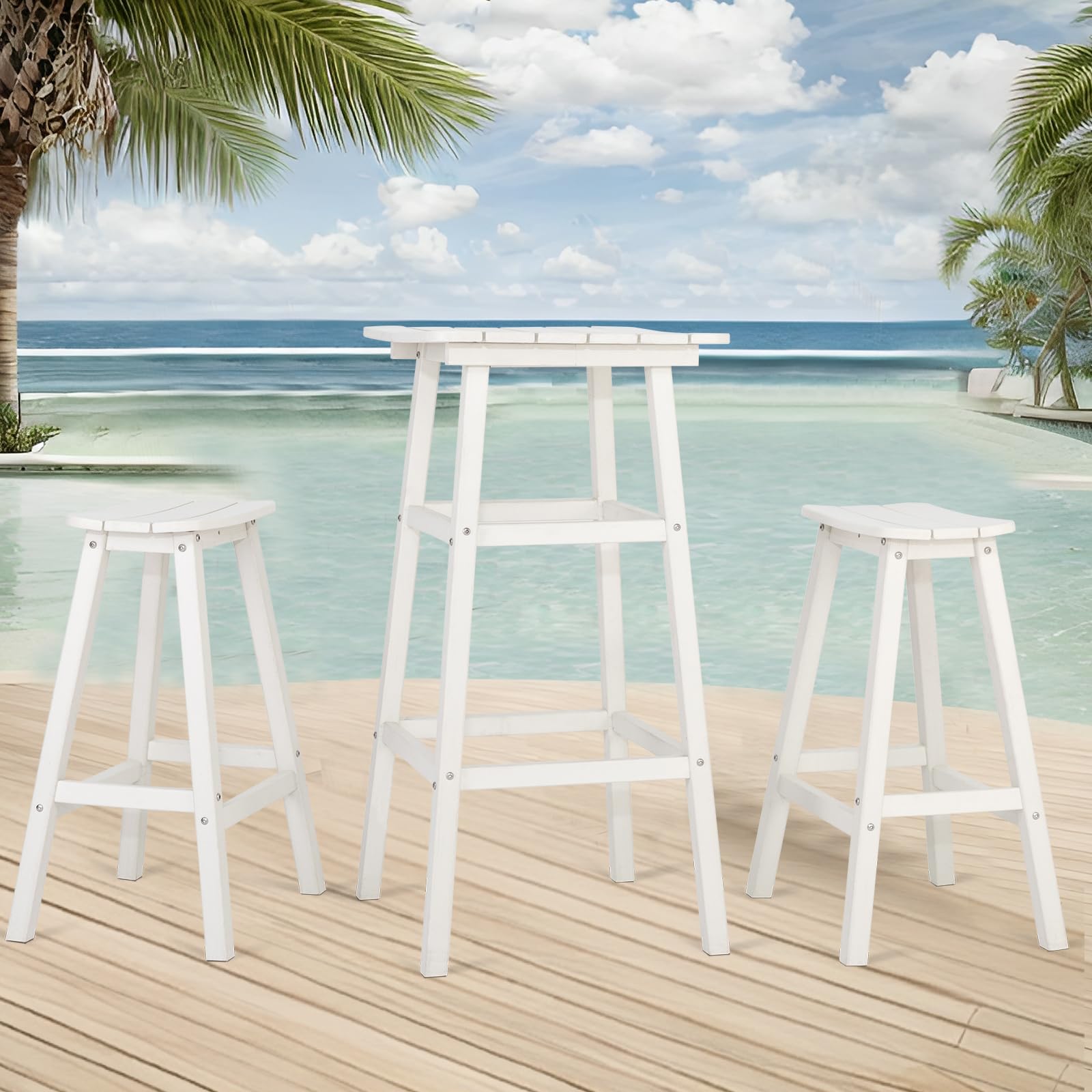 3-Piece White HDPE Adirondack Outdoor Bar Table and Chairs Set - Round Bar Height Patio Furniture for Balcony, Garden, Poolside - Perfect for Backyard BBQs, Outdoor Dining & Relaxing by the Pool
