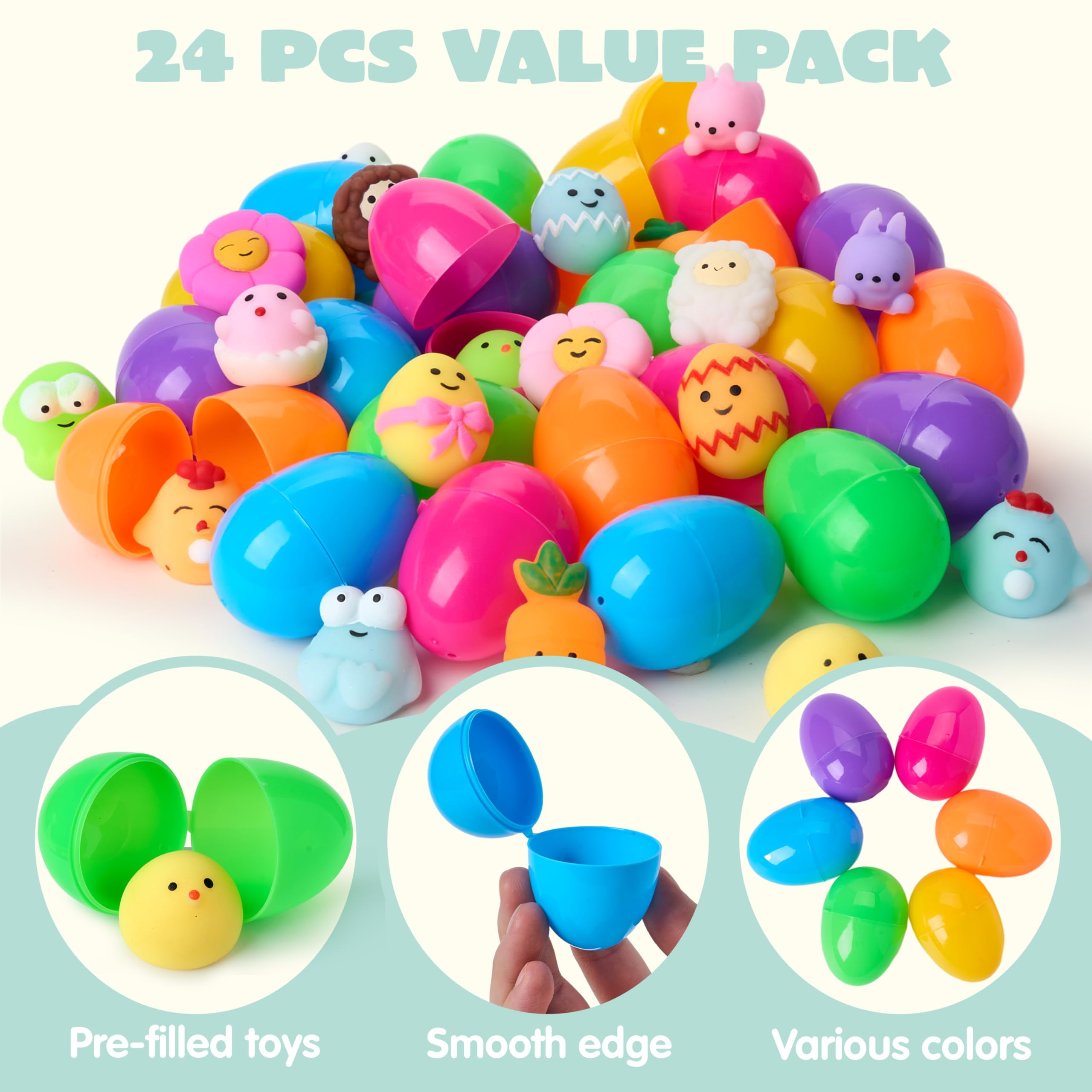 24 Pcs Easter Prefilled Eggs with Mochi Squishy Toys - Cute Stress Relief Toys for Kids, Party Favors, Easter Basket Stuffers & Classroom Prizes - Perfect for Easter Egg Hunts, Birthday Parties & School Rewards
