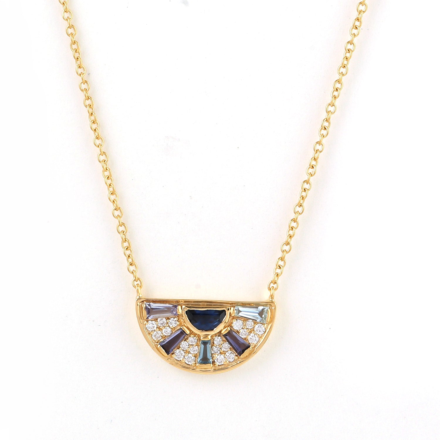Iolite Aquamarine Princess Cut Diamond Necklace in 14K Yellow Gold - Elegant Baguette Gemstone Jewelry for Weddings & Special Occasions