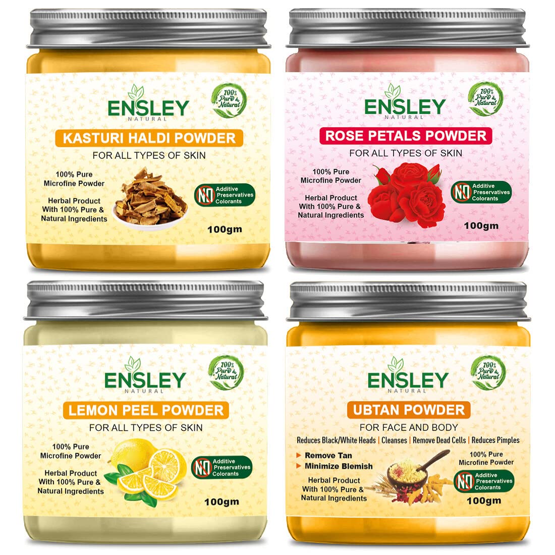 Ensley Natural Kasturi Haldi & Rose Petals Powder with Lemon Peel - 400g Ubtan Pack (4x100g) for Glowing Skin & Ayurvedic Beauty Rituals | DIY Face Mask & Body Scrub