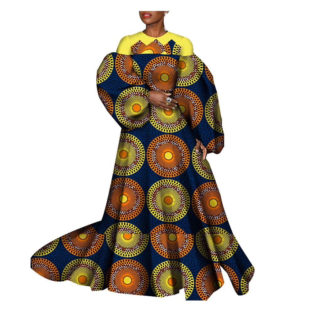 BAZINRICHE Women's Long Sleeve Maxi Dress - African Floral Print O-Neck Loose A-Line Dress for Casual Wear, Beach Vacation & Special Occasions